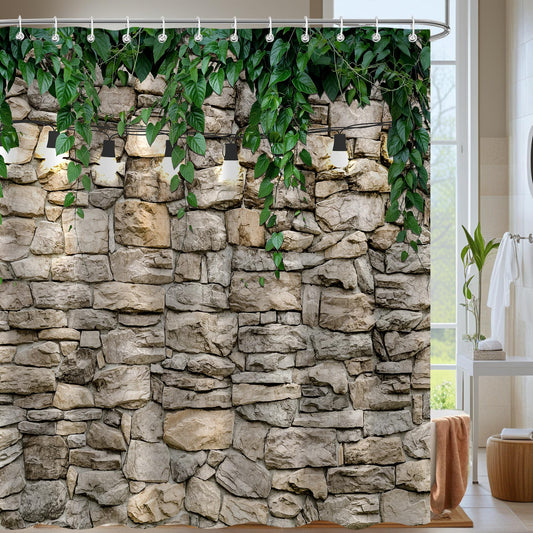 iTapnoom Vintage Stone Wall Shower Curtain, Green Plant Leaves Rustic Farmhouse Country Fabric Shower Curtain Set for Bathroom Decor, Waterproof Polyester Cloth with 12 Hooks,72x72 Inch