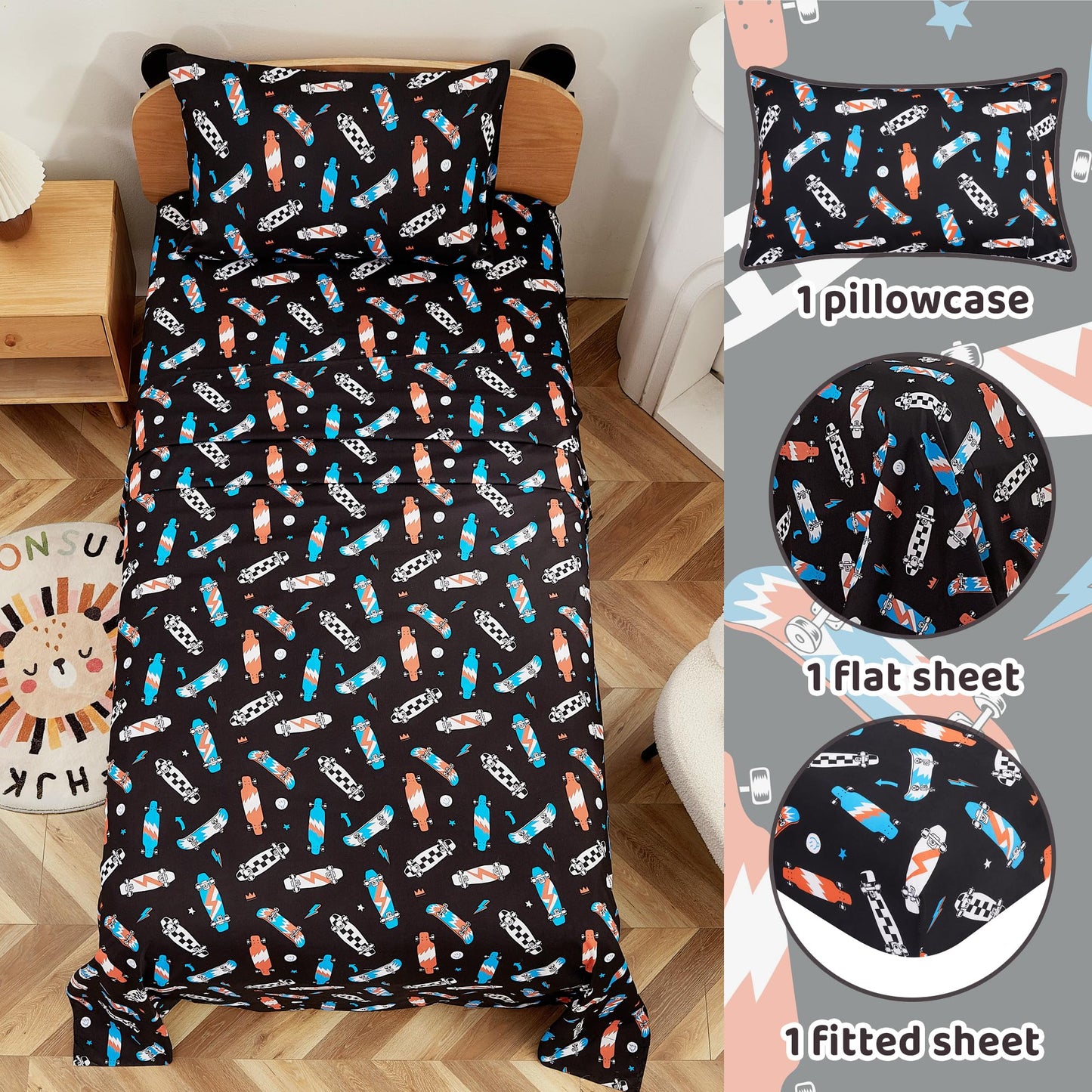 Viviland 3 Pieces Boys Black Twin Sheet Set - Soft Microfiber Fitted Flat Sheets & Pillowcase Bed Sheet Set - Cool Skateboard Bedding Sets for Kids
