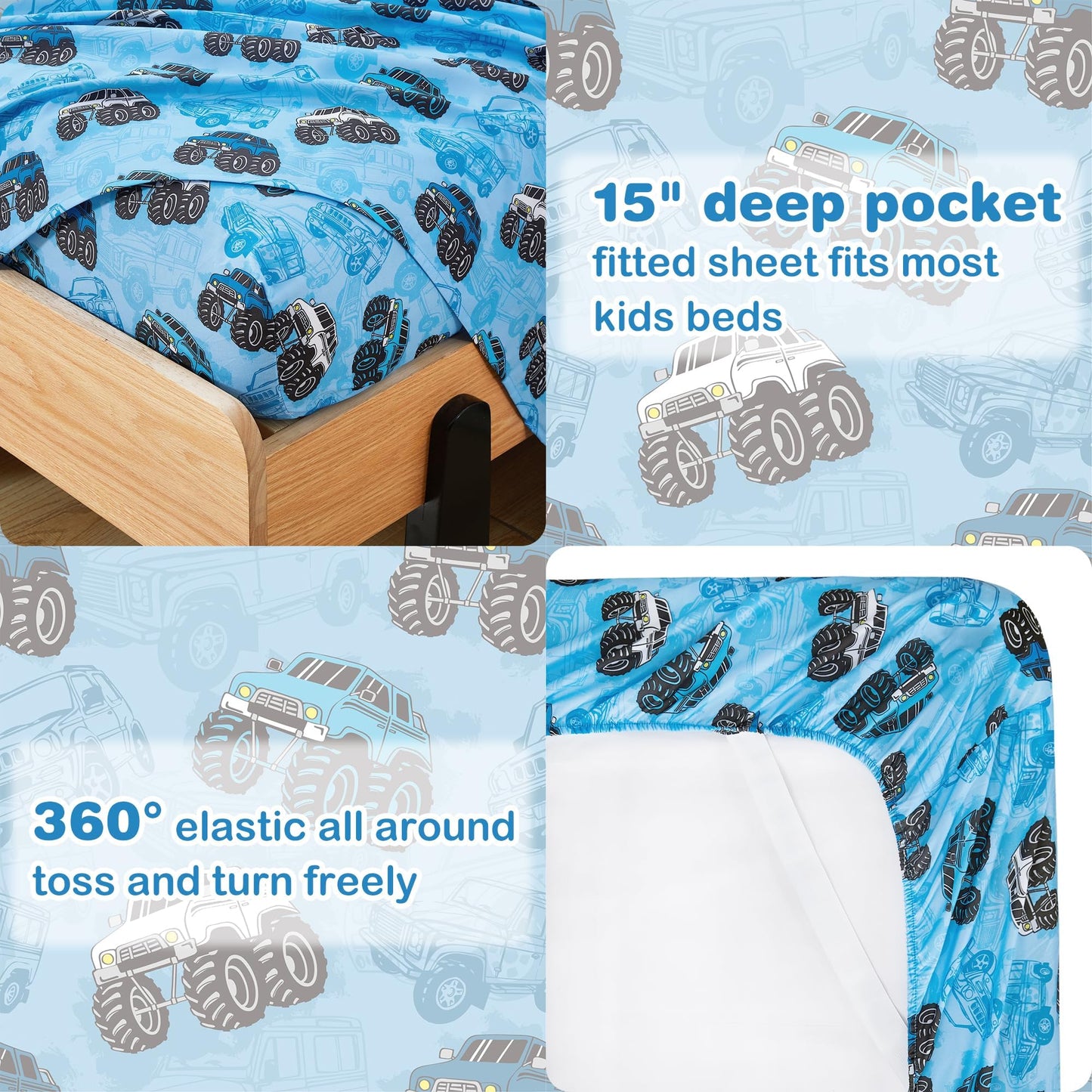 Softan Kids Bed Sheet Set, Boys Full Size Sheets, Microfiber Kids Fitted Sheet and Pillowcase, Breathable and Silky Soft, 4 Piece Jeep Trucks Printed Full Bed Sheet