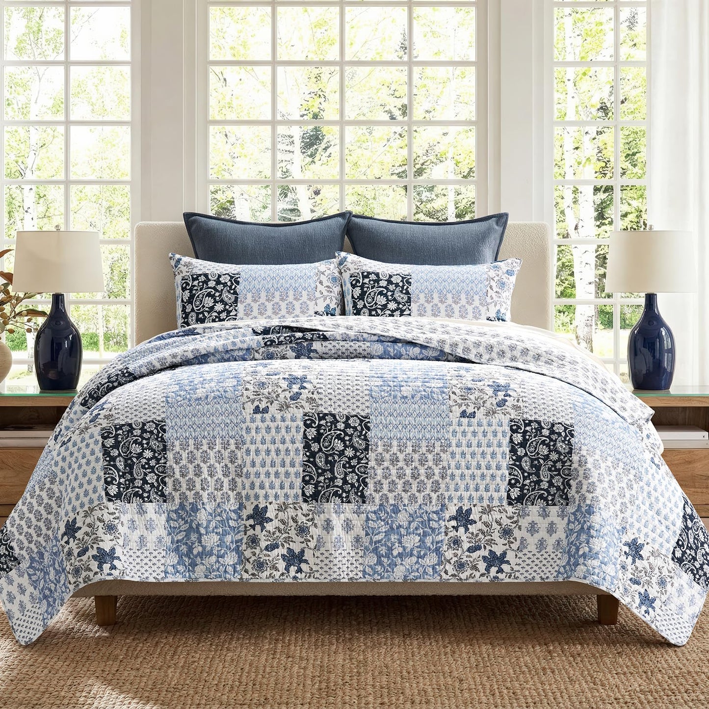EverGrace Cotton Quilt Set King Size,100% Cotton Reversible Lightweight Bedspread Coverlet, Printed Patchwork Farmhouse Bedding, Traditional Block Print Quilt with 2 Pillow Shams,Coastal Blue 110"×92"