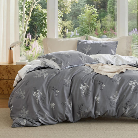 Bedsure Duvet Cover King Size - Reversible Floral Duvet Cover Set with Zipper Closure, 3 Pieces Grey Bedding Set with 8 Corner Ties and 2 Pillowcases 20"x36"
