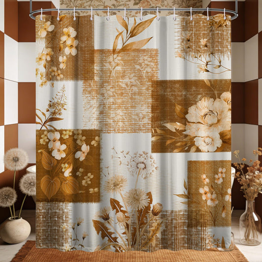 DLTAY Brown Patchwork Shower Curtain Orange Vintage Light Brown Rustic Boho Floral Shower Curtains for Bathroom Decor, Waterproof Polyester Cloth Fabric with Hooks, 70 X 72 Inches
