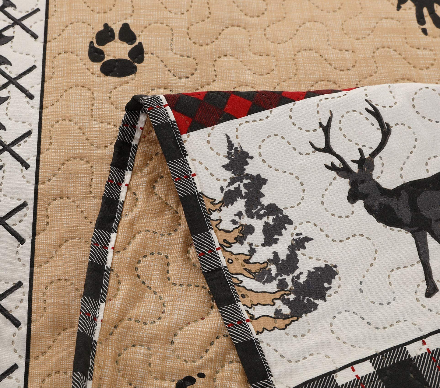 Rustic Quilt Bedding Set Queen Size Bedspread Coverlet Country Quilts Lodge Cabin Bedding Black White Buffalo Plaid Quilts Forest Elk Moose Lightweight Reversible Quilt Bed Spread with 2 Pillow Shams