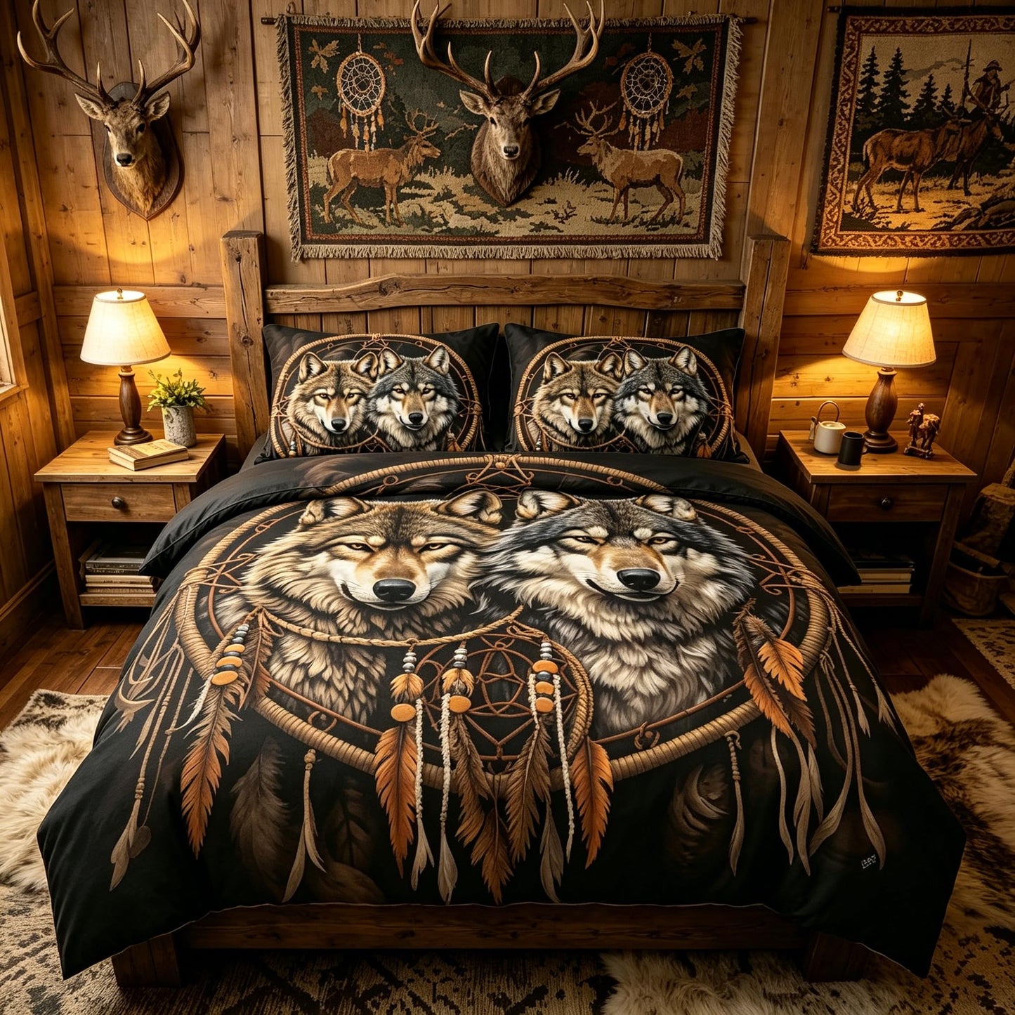 CCoutueChen Black Wolf Comforter Set Queen Size, Cabin Lodge, Wildlife Animal Print Bedding Set with Dreamcatcher, Soft Microfiber Lightweight Comforter,3 Pcs 2 Pillowcases/90 x90