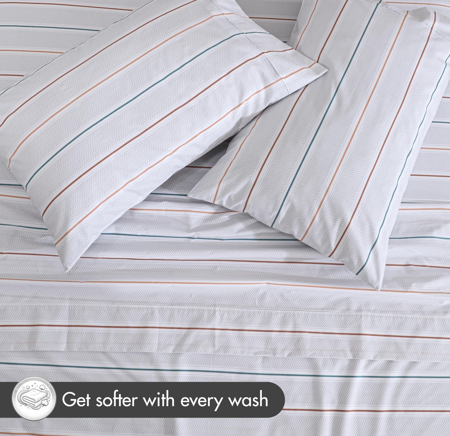 RUVANTI 100% Cotton Percale Sheets Full Size – Crisp Cooling Bed Sheets for Hot Sleepers, Deep Pocket 16”, Soft Breathable & Durable Hotel-Style 4 Piece Set, Chevron Twill Stripe
