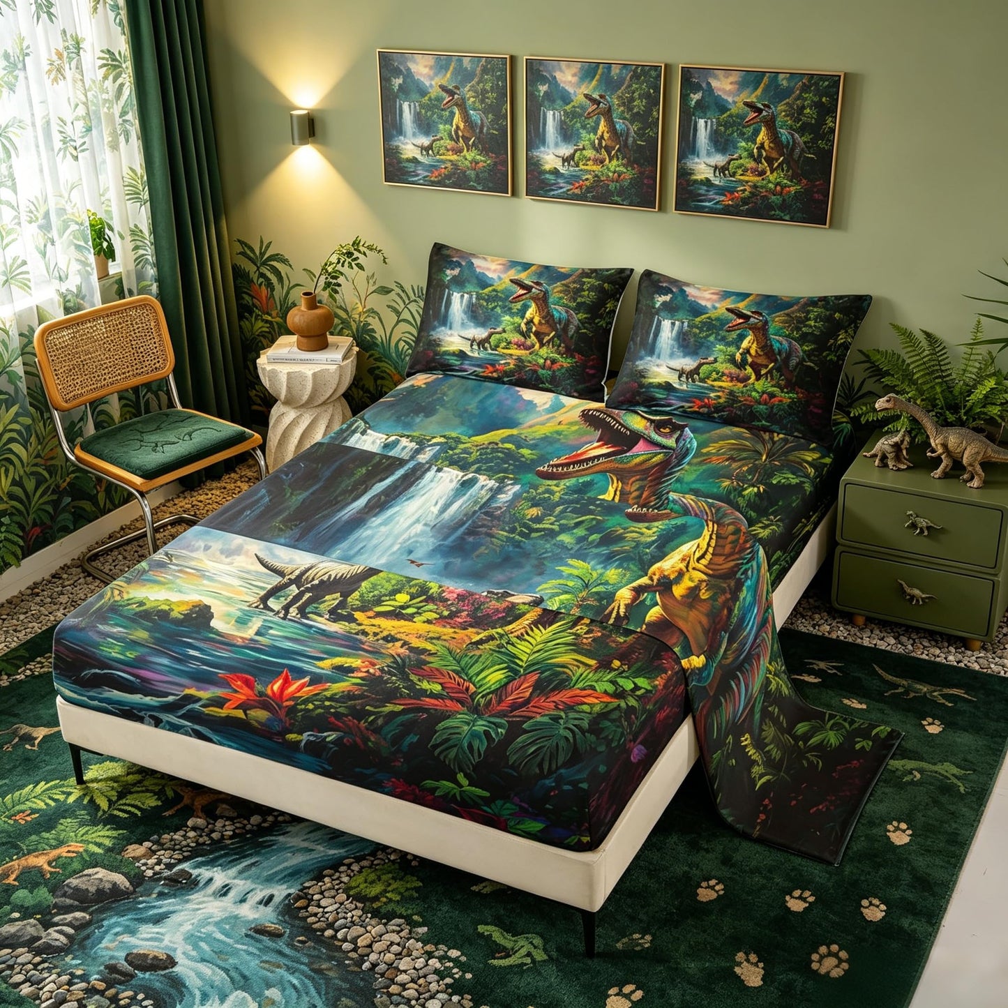 Feelyou Dinosaur Bed Sheets Set Twin Size 3D Digital Print Bed Set for Kids Boys Girls Jungle Dino Deep Pocket Fitted Sheet Wild Animal Breathable Soft Lightweight Microfiber Green Blue