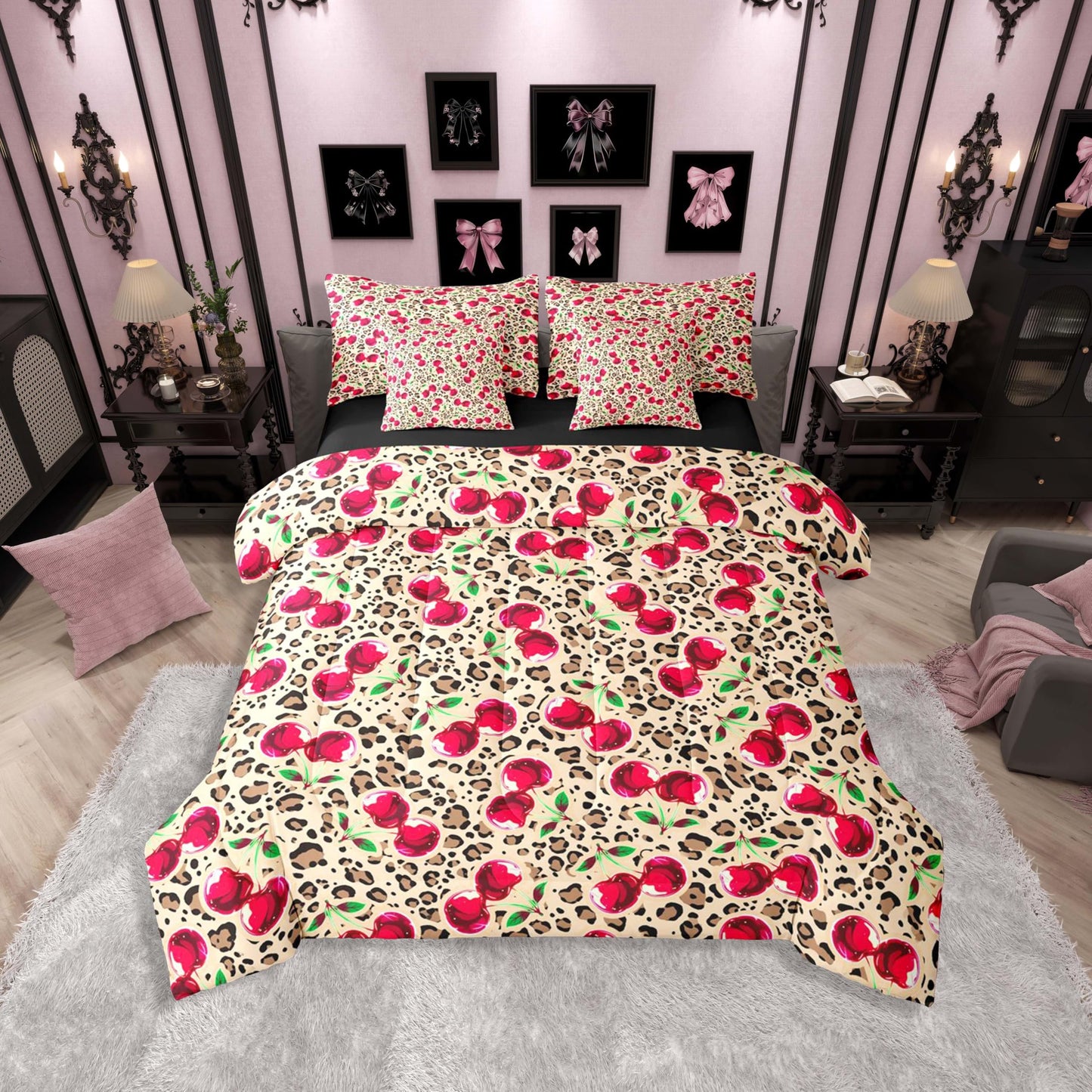 Erosebridal Cute Red Cherry Twin Size Bedding Set Y2K Retro Leopard Print 7 Pieces Comforter Set with Sheets for Women Girl Sweet Fruit Bed in a Bag Chic Animal Print Bed Sets