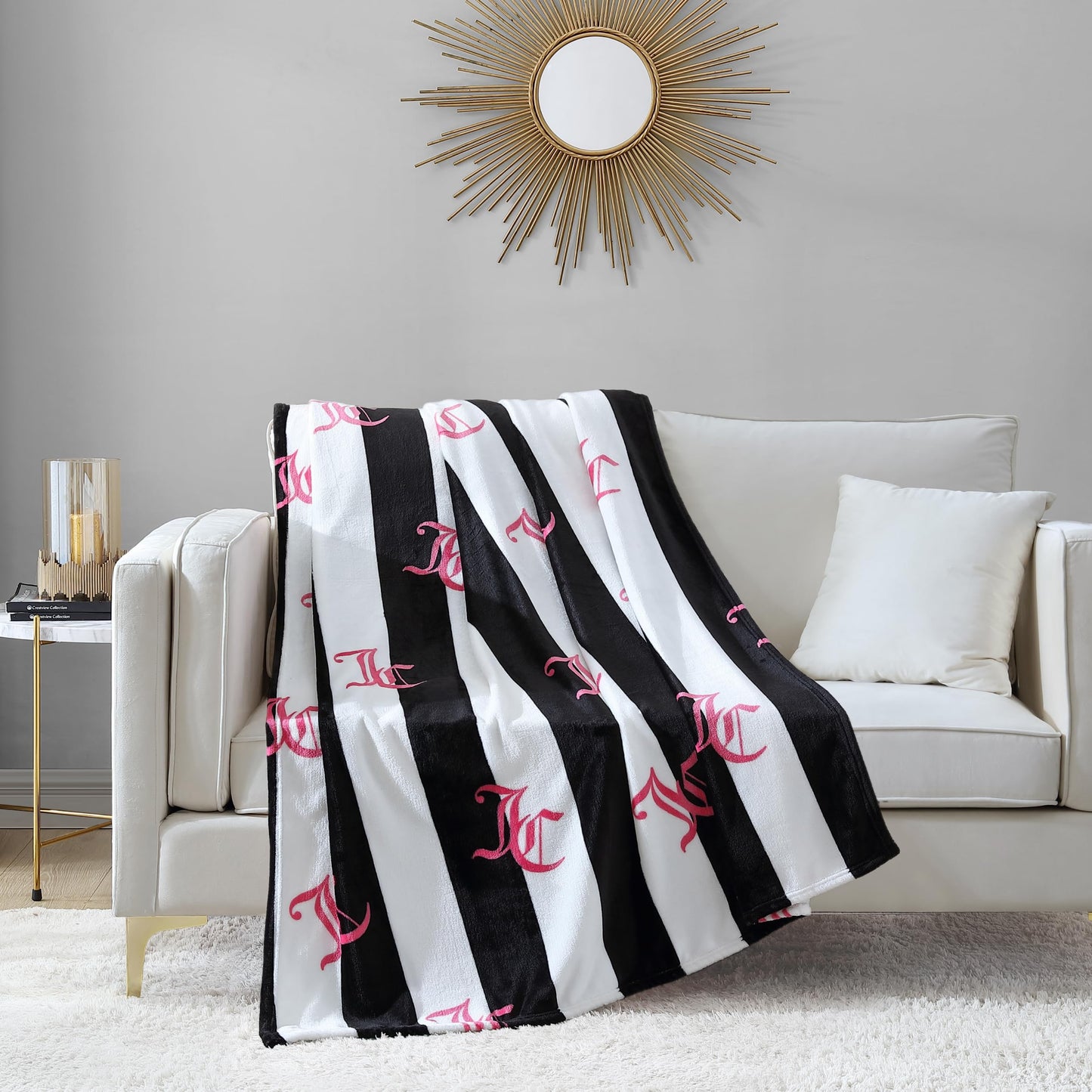 Juicy Couture Cabana Plush Black Striped 50"X70" Fuzzy Throw Blanket - Luxurious Microfiber Plush Blanket for Ultimate Comfort and Cozy Warmth