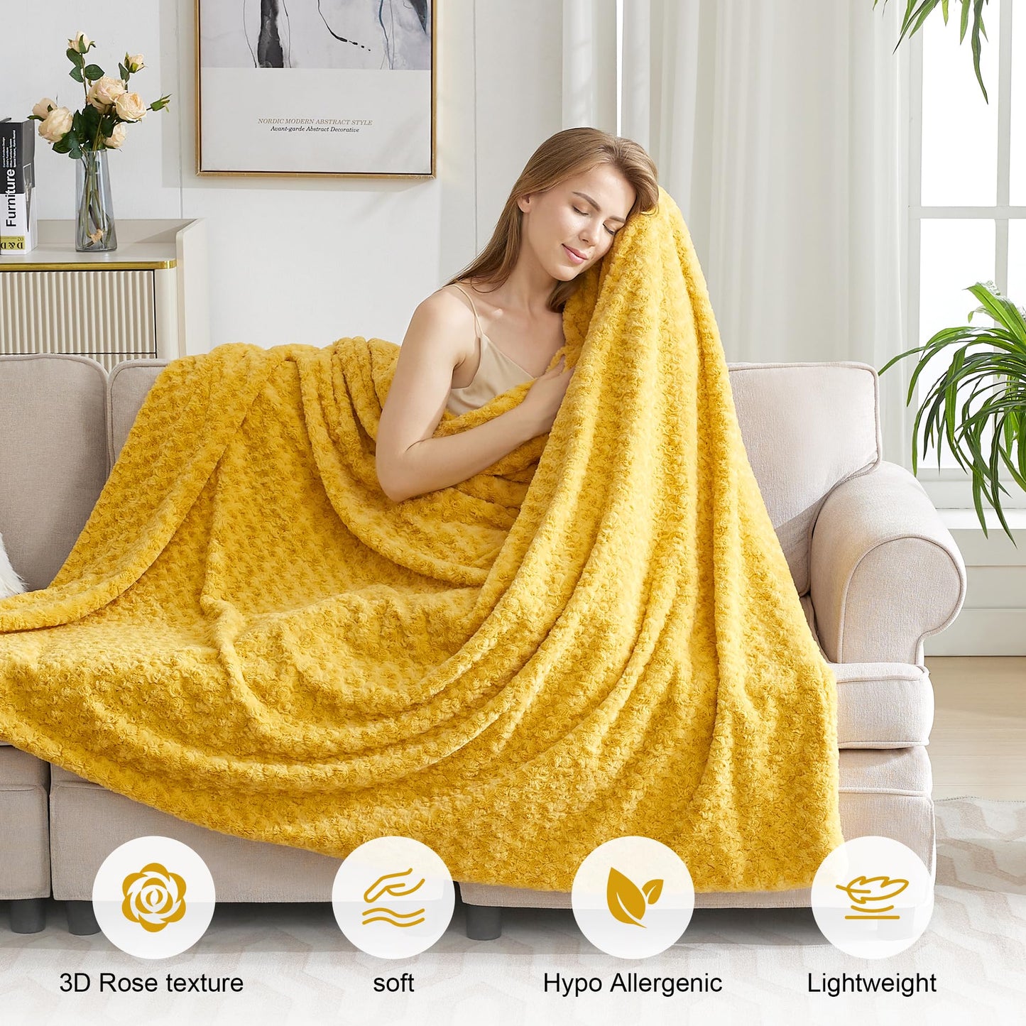 VFROO Double-Sided Faux Fur Throw Blanket, Fuzzy Soft Plush Thick Warm Fluffy Shaggy Fuzzy Blanket for Couch, Sofa, Bedroom, Luxury Blanket Valentines Day Gifts for Her, Yellow, 50"x60"