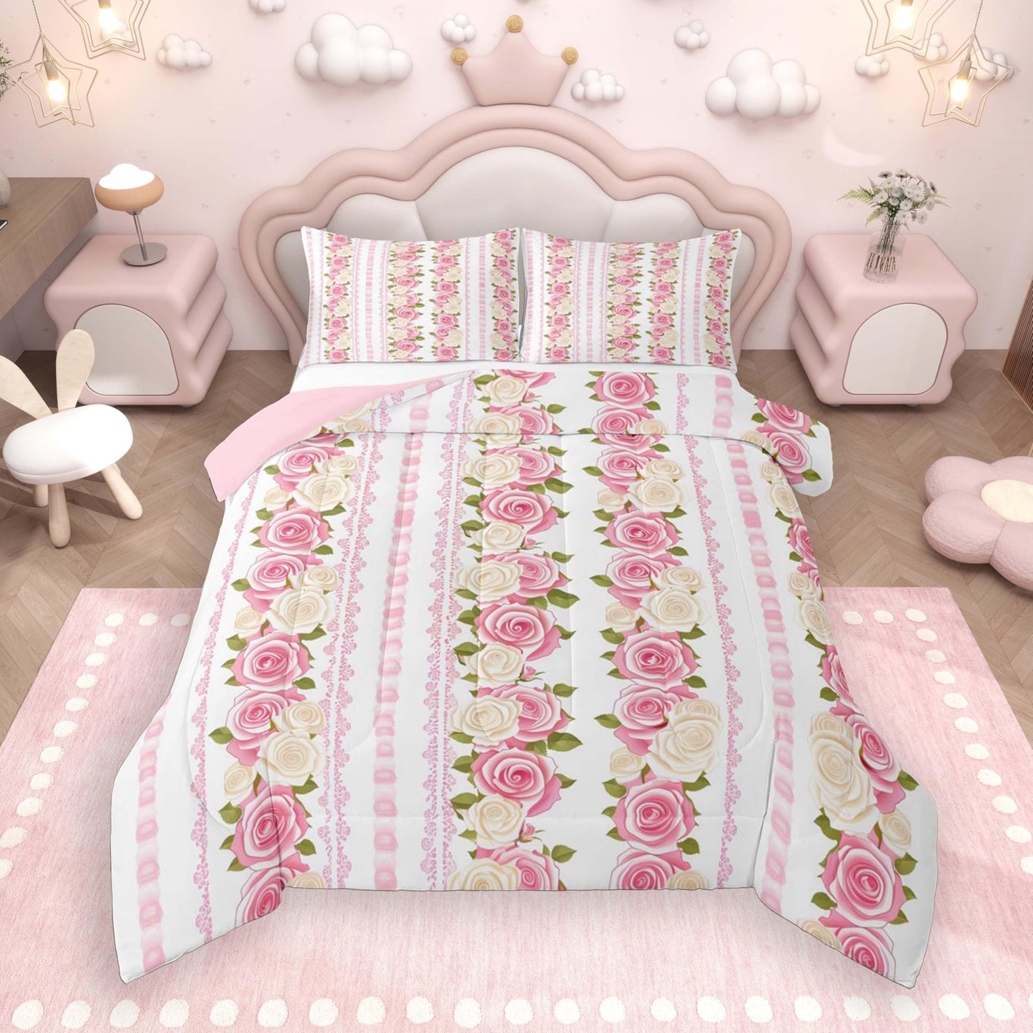 jejeloiu Pink Rose Comforter Set All Season Romantic Flower Floral Bedding Set with 1 Pillow Cases Farmhouse Microfiber Kids Toddler Bedclothes Bedroom Decor Duvet Quilt Breathable Soft Lightweight