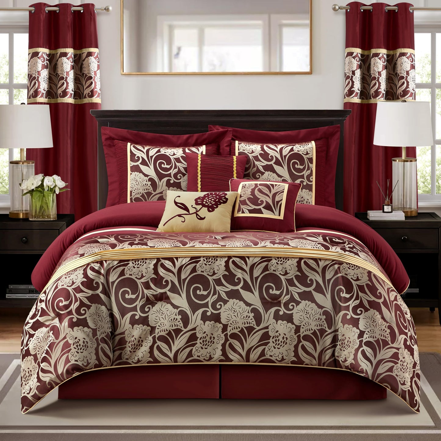 Stratford Park Red and Gold Comforter Set Queen Size, 9 Piece Jacquard Floral Bedding Set, All Season, Ultra-Soft, Matching Pillows & Shams, Bed Skirt, Curtains