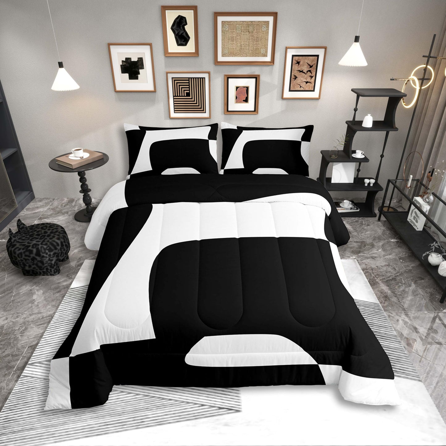 Erosebridal Black and White Abstract Queen Comforter Set for Adult Women Men Boho Geometric Striped Bedding Set Minimalist Modern Art Bed Set Simple Aesthetic Modern Quilt Set