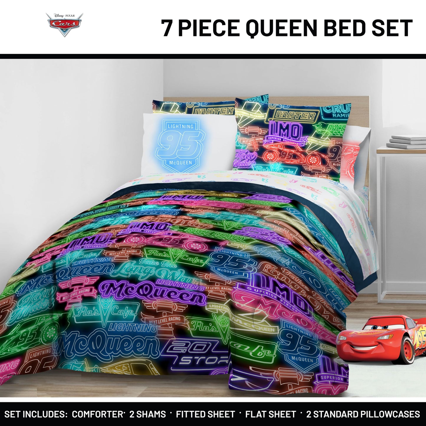 Jay Franco Kids Bed Set, Black, Cars, 7 Piece Queen