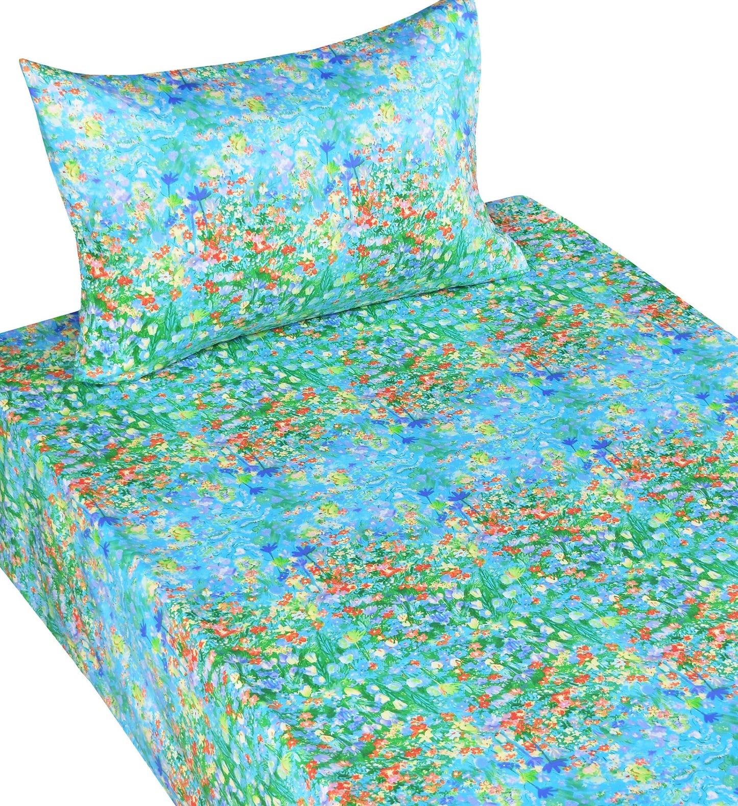 Scientific Sleep Green Garden Flower Lake Impressionism Cute Fun 100% Cotton Cozy Twin Bed Sheet Set, Flat Sheet & Fitted Sheet & Pillowcase Kids Girls Bedding Set (Green Garden, Twin)