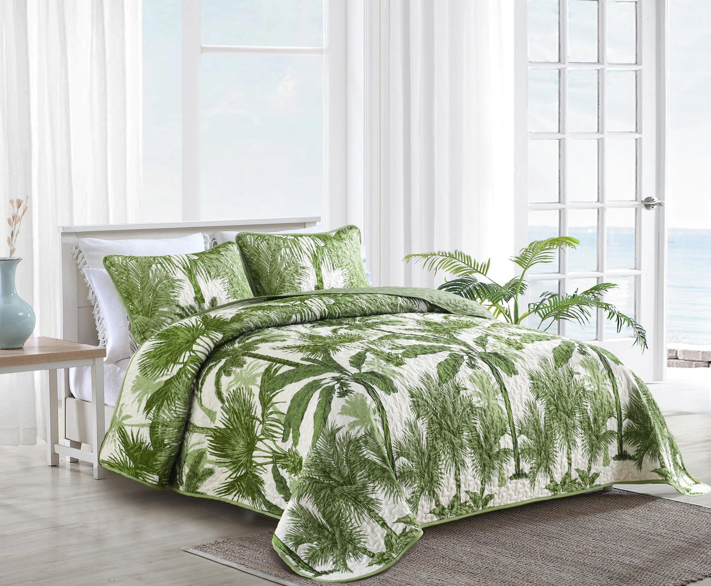 Luxudecor Tropical Plants Quilt Set Queen Size 3 Pieces Green Palm Botanical Bedspread Rainforest Style Bedding Set Soft Lightweight Bed Cover for All Season 96"x90"