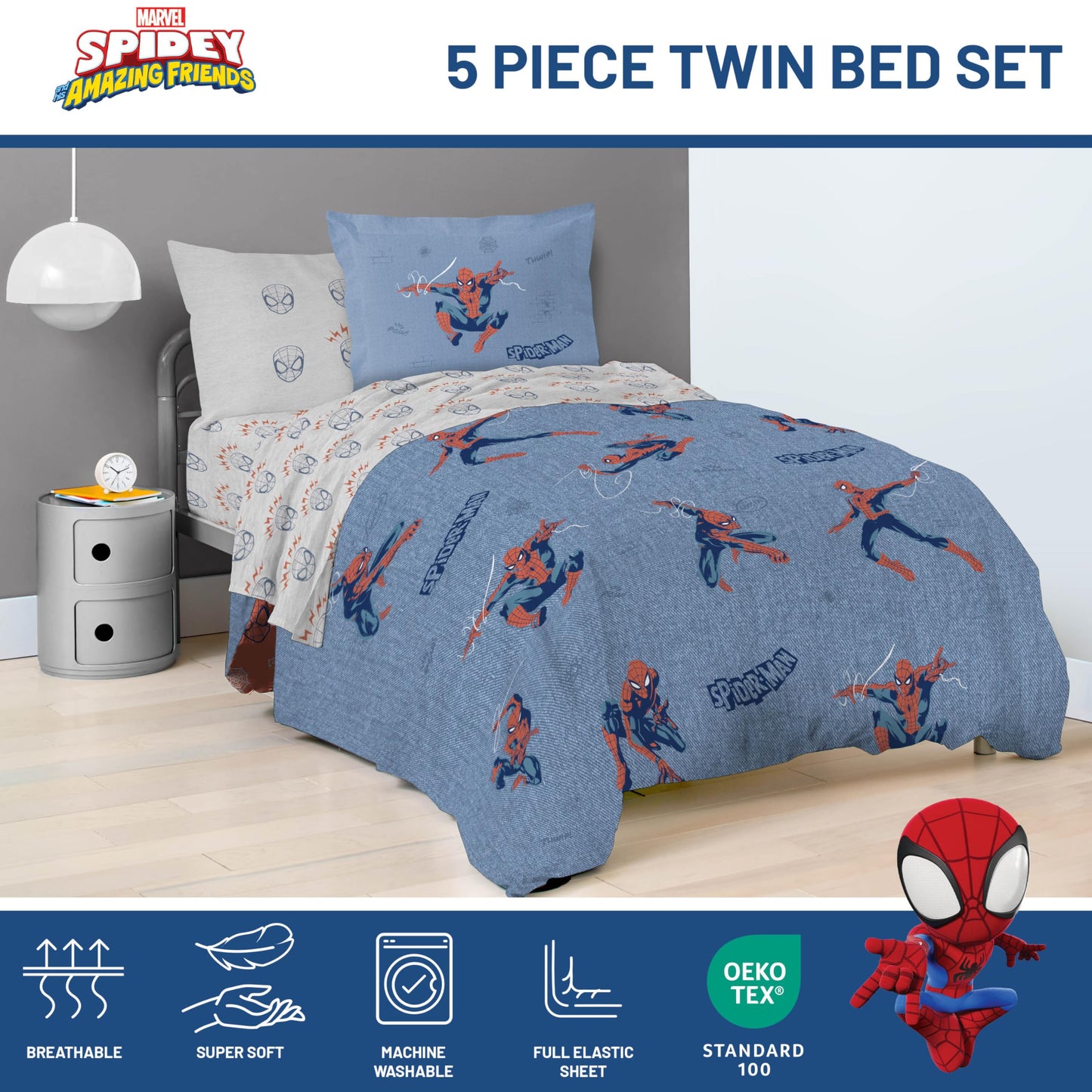 Jay Franco Kids Comforter Set Includes Sheets and Pillow Covers - Soft and Cozy Bed Set for Stylish Room Decor, Official Licensed Bedding, Blue - Spiderman, 5 Piece Twin