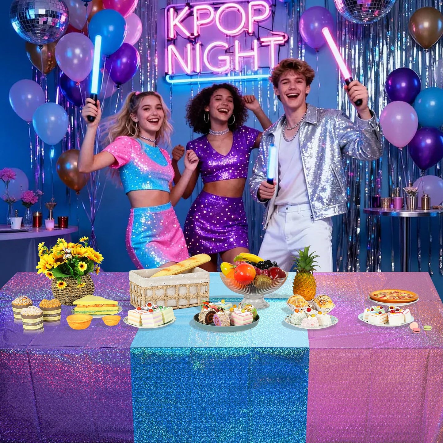 FunnyPars 3 Pack Iridescent Pink Purple and Blue Kpop Plastic Tablecloths, Disposable Rectangle Table Covers, Holographic Metallic Foil Tablecloth Party Decorations for Kpop Birthday, 54x108 Inch