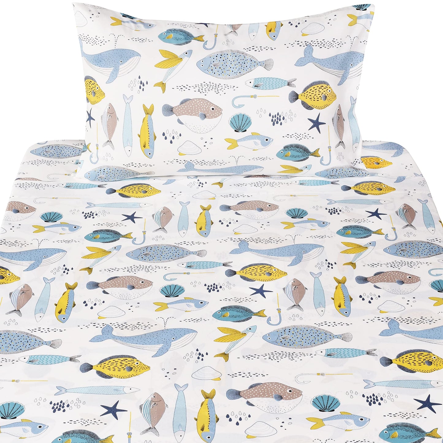 J-pinno Many Fish Sardine Pufferfish Flatfish Whale Ocean Sea Cartoon Twin Sheet Set for Kids Girls Boys Children 100% Cotton Flat Sheet + Fitted Sheet + Pillowcase Bedding Decoration Gift Set