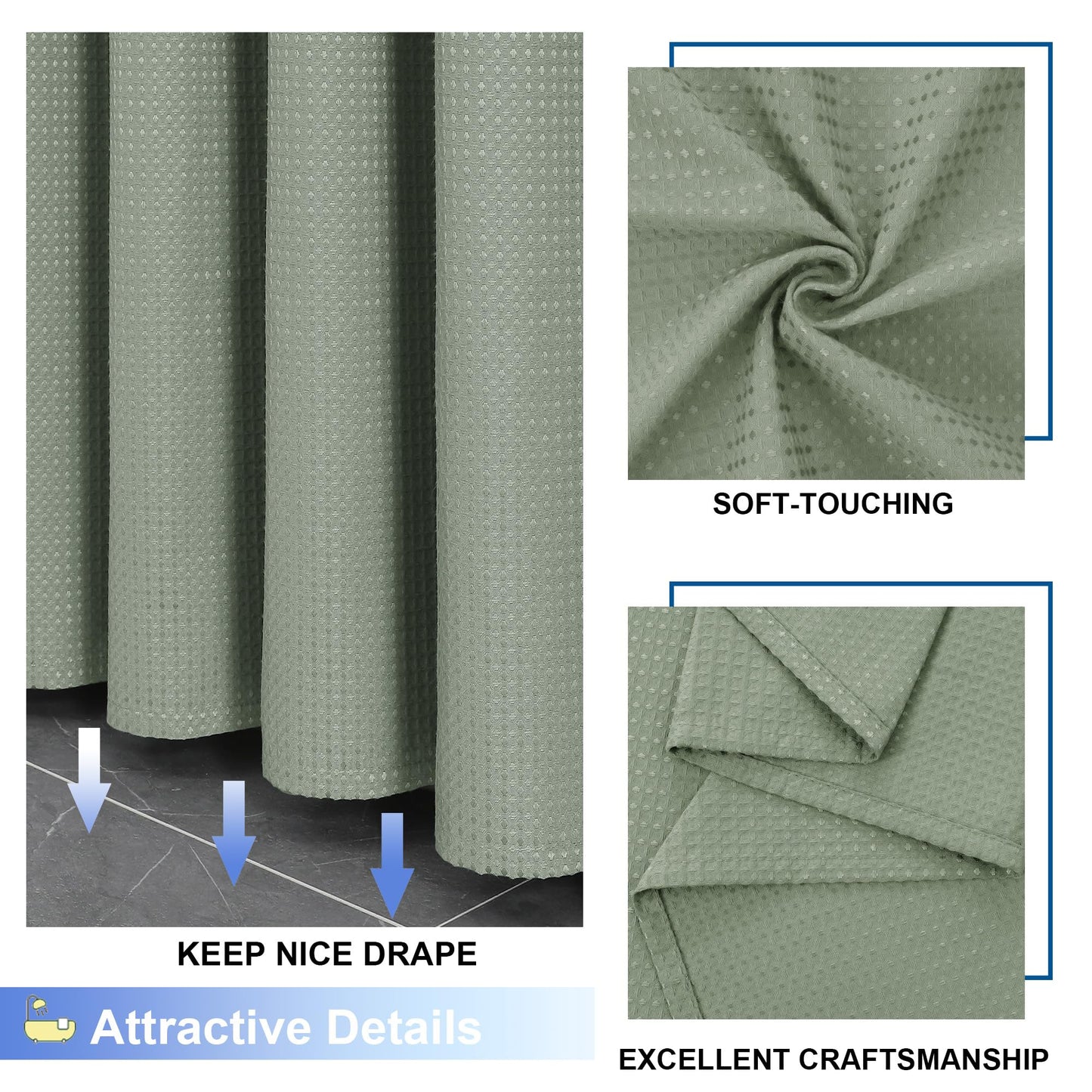 OVZME Extra Long Shower Curtain Set - 84 Inch Long Waffle Weave Heavy Duty Cloth Shower Curtain for Bathroom, Luxury Weighted 230GSM Bath Curtain Set with 12 Plastic Hooks, 72x84, Sage Green