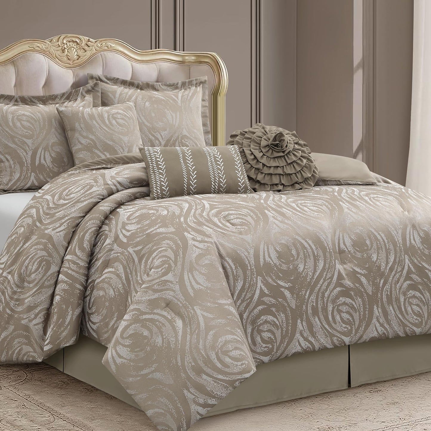 LANCO MODERN LIFESTYLE Taupe 7 Piece Comforter Set, King, Elegant Floral Jacquard, Ultra Soft Bed Set for All Seasons, Bed in a Bag, Include Comforter, Bed Skirt, Pillow Shams & Decor Pillows