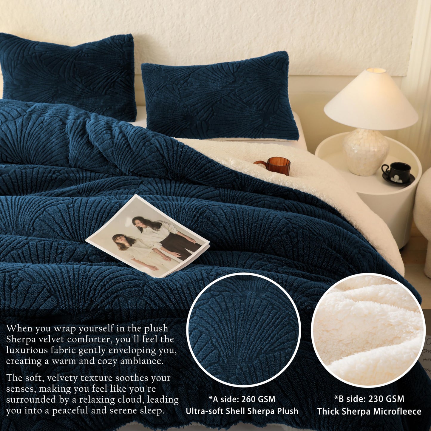 tohrisa Seashell Jacquard Sherpa Comforter Set Warm Cozy Premium Bedding 3 Pieces, King Size Geometric Pattern Quilt Comforter with 2 Pillowcases(104"X90" Dark Blue)