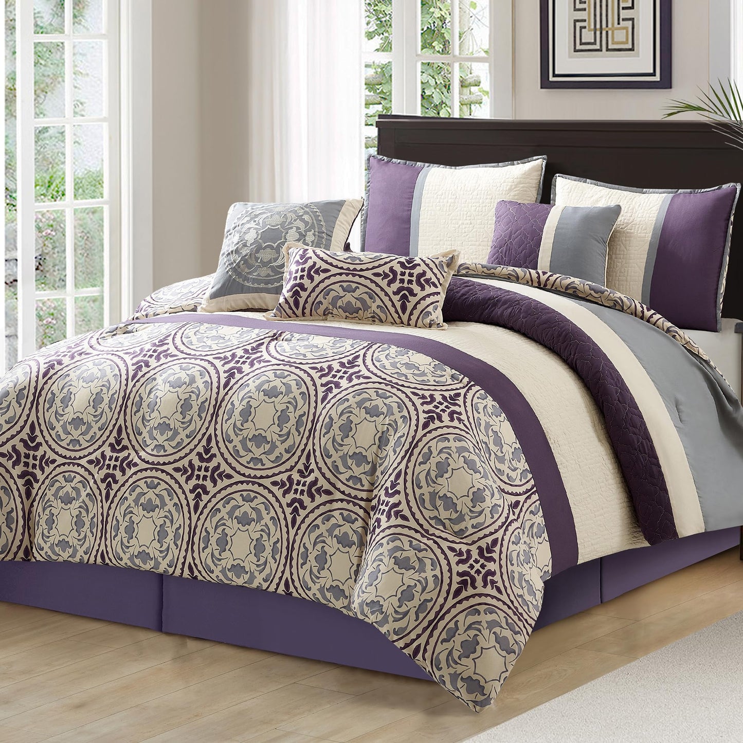 LANCO MODERN LIFESTYLE King Size Comforter Set, Purple, Soft Microfiber Print Fabric Bedding Set, Luxury Home Decor, Bed in a Bag, 7 Pieces Included Comforter, Bedskirt, Shams and Decor Pillows