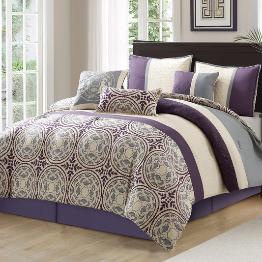 LANCO MODERN LIFESTYLE King Size Comforter Set, Purple, Soft Microfiber Print Fabric Bedding Set, Luxury Home Decor, Bed in a Bag, 7 Pieces Included Comforter, Bedskirt, Shams and Decor Pillows