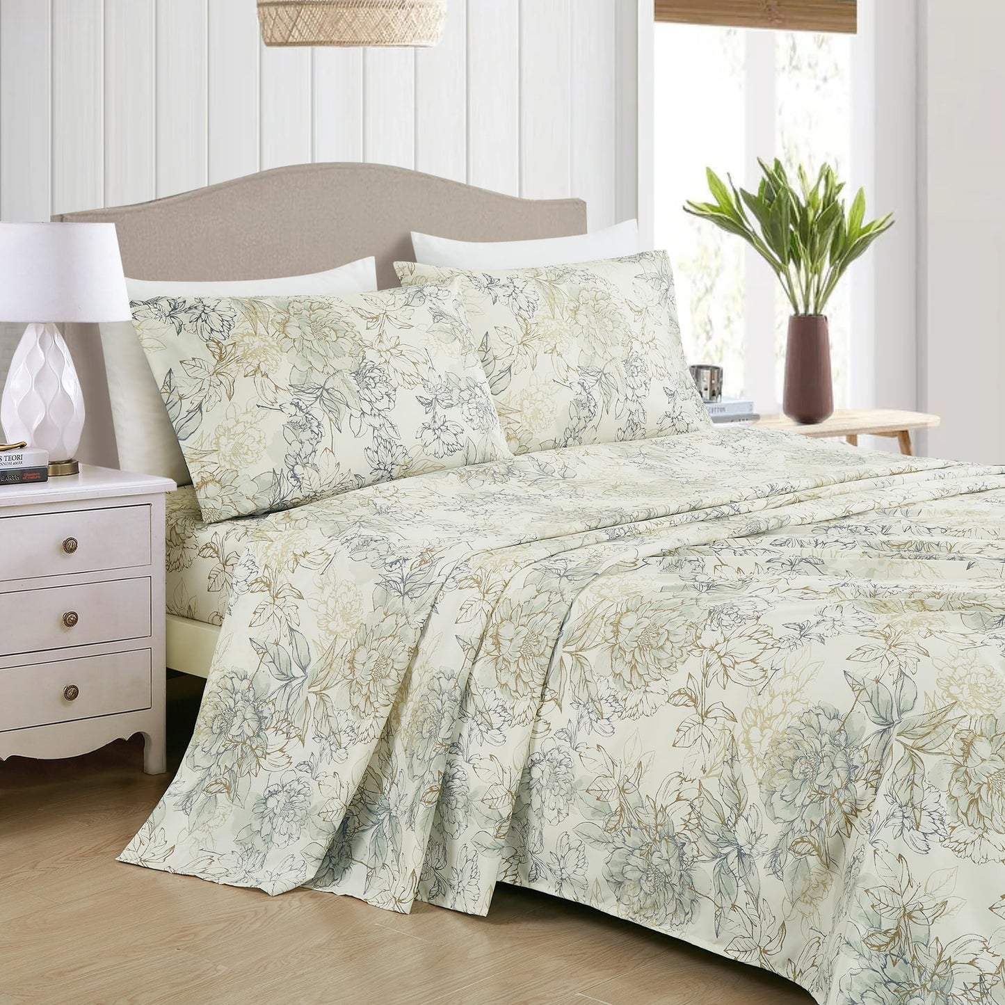 Chezmoi Collection Clematis 4-Piece Tranquil Floral Bed Sheet Set - Soft Green Gray Floral Printed Microfiber 14-Inches Deep Pocket Sheets & Pillowcases Set, California King