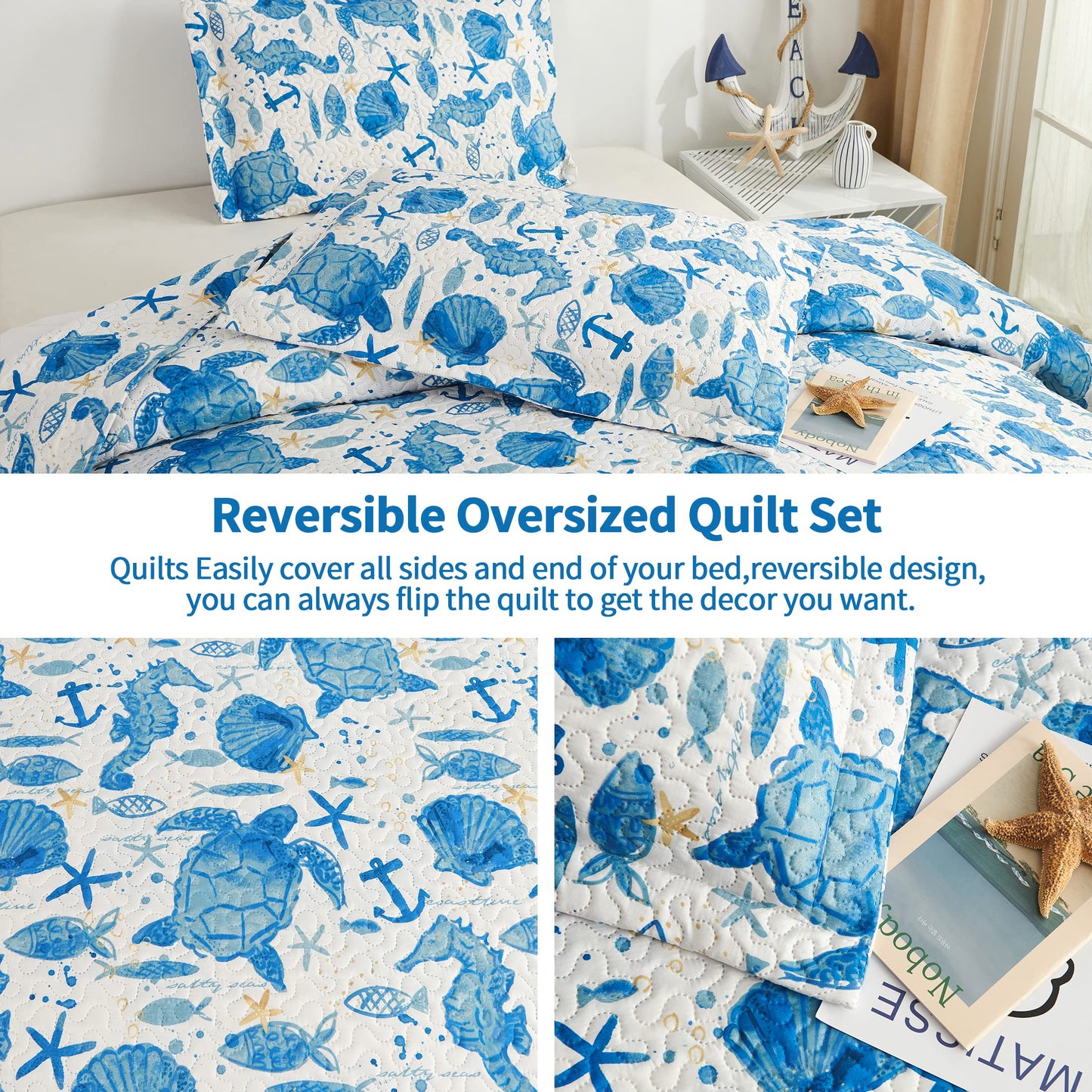 Coastal Beach Quilt Set - King Size Ocean Bedding Reversible Quilt - Lightweight Summer Bedsread Coverlet - Sea Turtle Blue