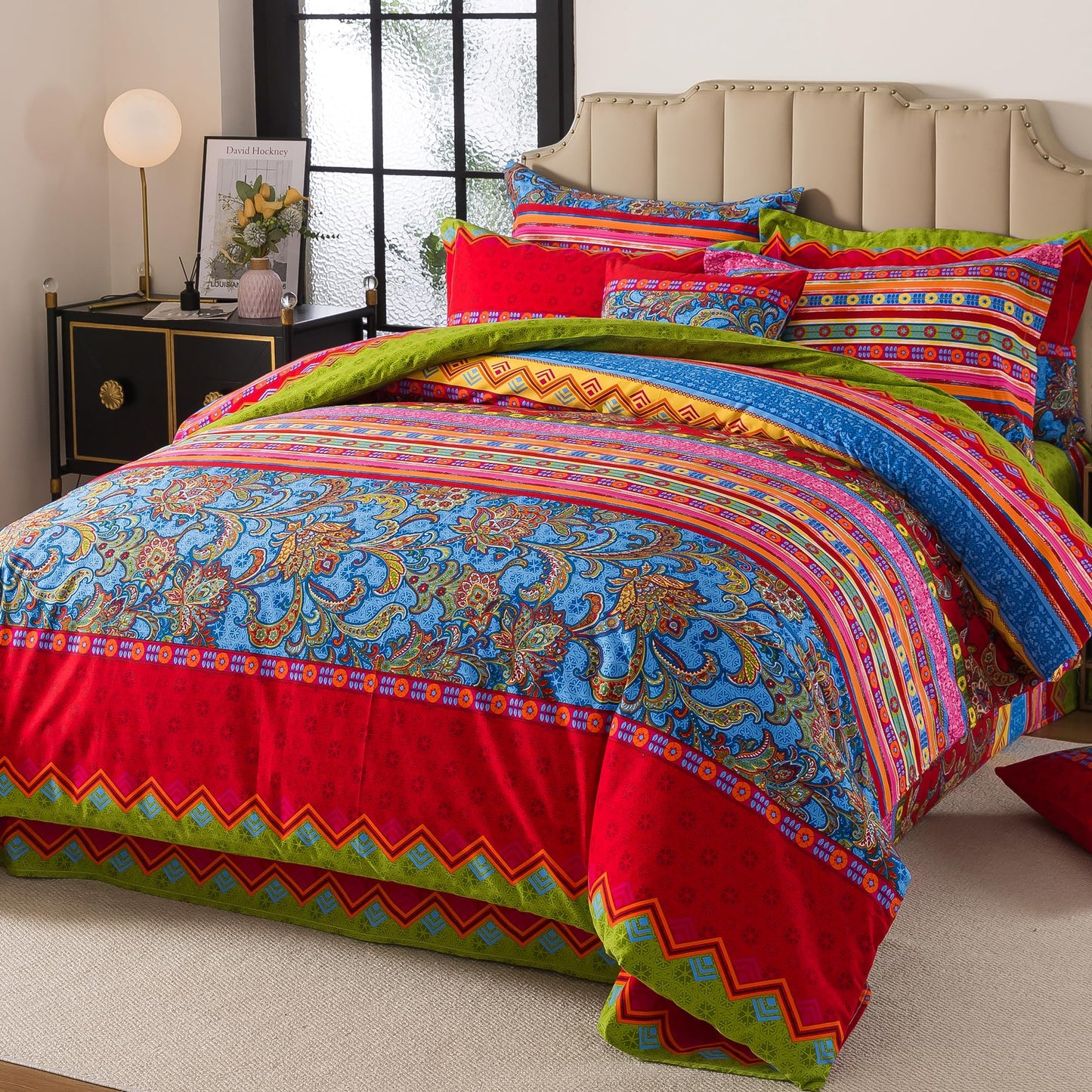 FADFAY Ethnic Boho Duvet Cover Set King/California King 100% Brushed Cotton Soft Bohemian Bedding Paisley Exotic Colorful Printed Bedding Reversible Zipper Bed Comforter Cover + 2 Pillowshams, 3Pcs