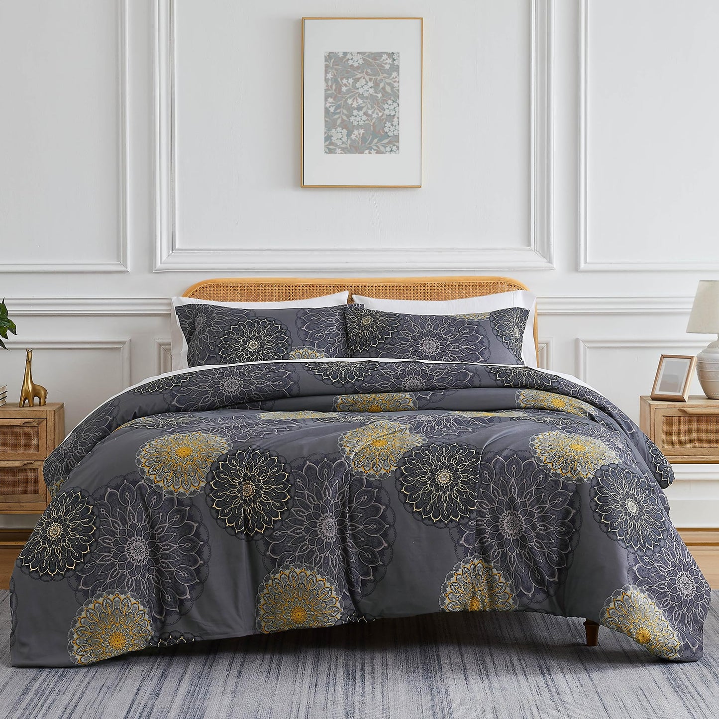 Southshore Fine Living, Inc. Oversized Floral Duvet Cover King Size/California, Reversible Cal King Duvet Cover Set, Pet Hair Resistant Bedding, 2 Pillow Shams, Insert Not Included - Midnight Black