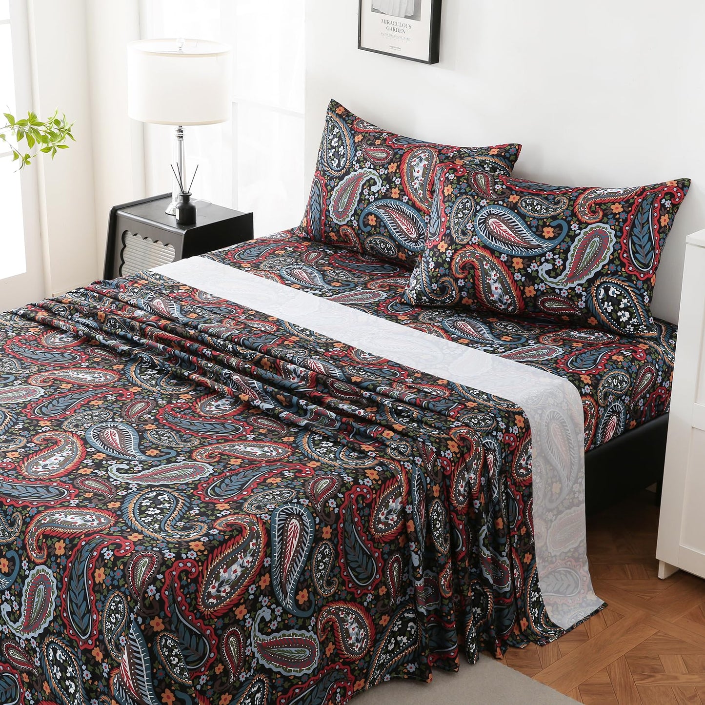 Yibeizi Queen Sheet Set Deep Pocket Queen Size Black Paisley Bed Sheets Set, Dark Floral Printed Soft Microfiber Oeko-Tex Sheets & Pillowcases Hypoallergenic Wrinkle Free Bedsheets