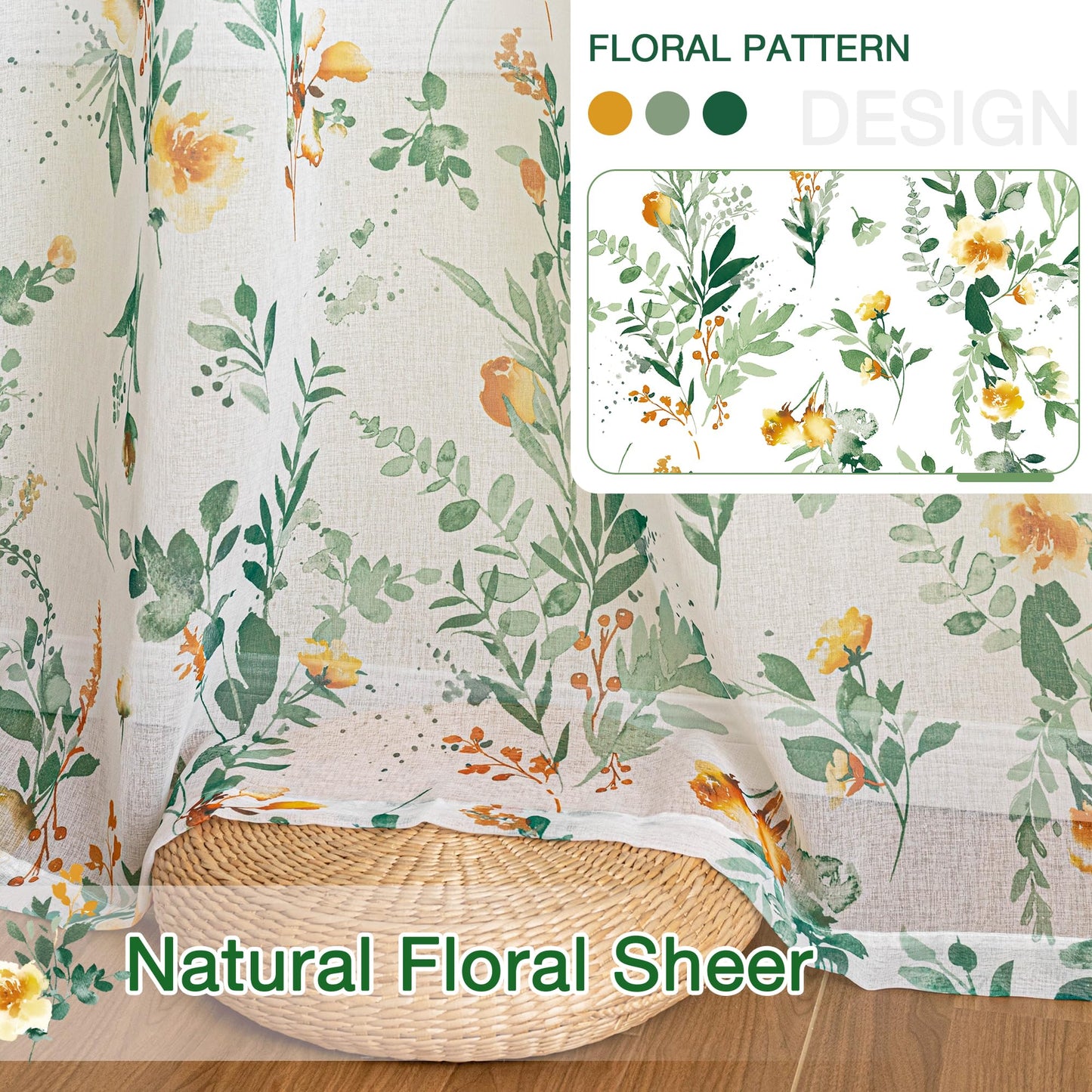 MYSKY HOME Green Sheer Curtains 36 Inches Long 2 Panels Set Country Rustic Floral Design Spring Short Curtains for Windows Rod Pocket Drapes, Each Panel 52" Wide