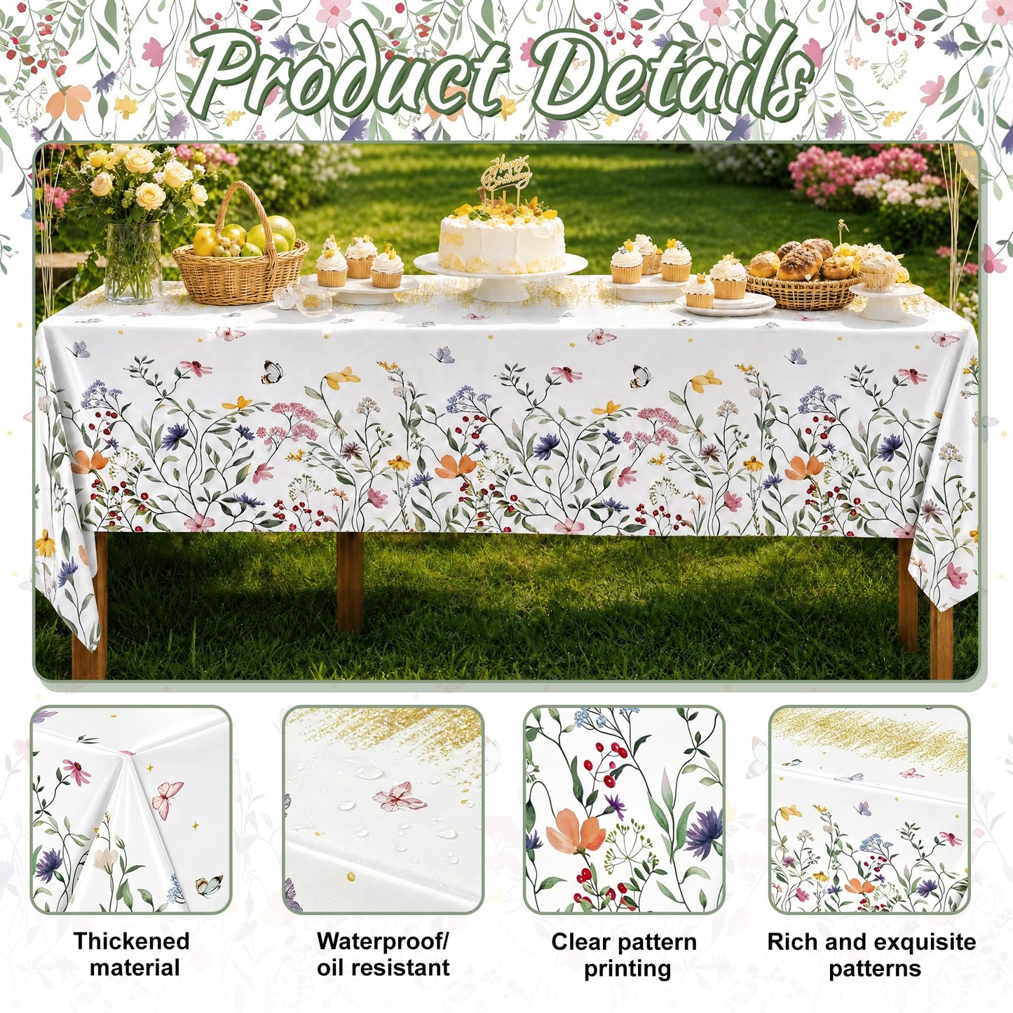 Floral Tablecloth 2 Pack Wildflower Tea Party Disposable Table Cover