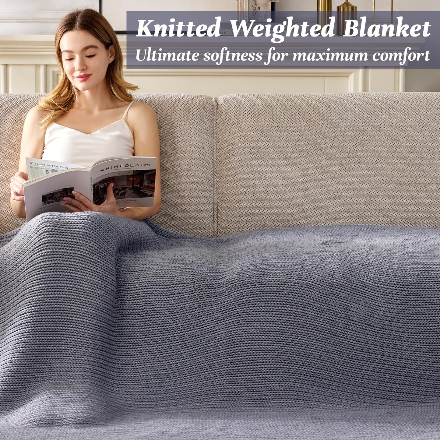 Guohaoi Knitted Weighted Blanket for Adults (Light Grey 60"x80" 15lbs) No Beads Cooling Throw Blanket for Hot Sleepers, Home Decor Breathable Chunky Knit Heavy Blanket Use on Queen/King Size Bed