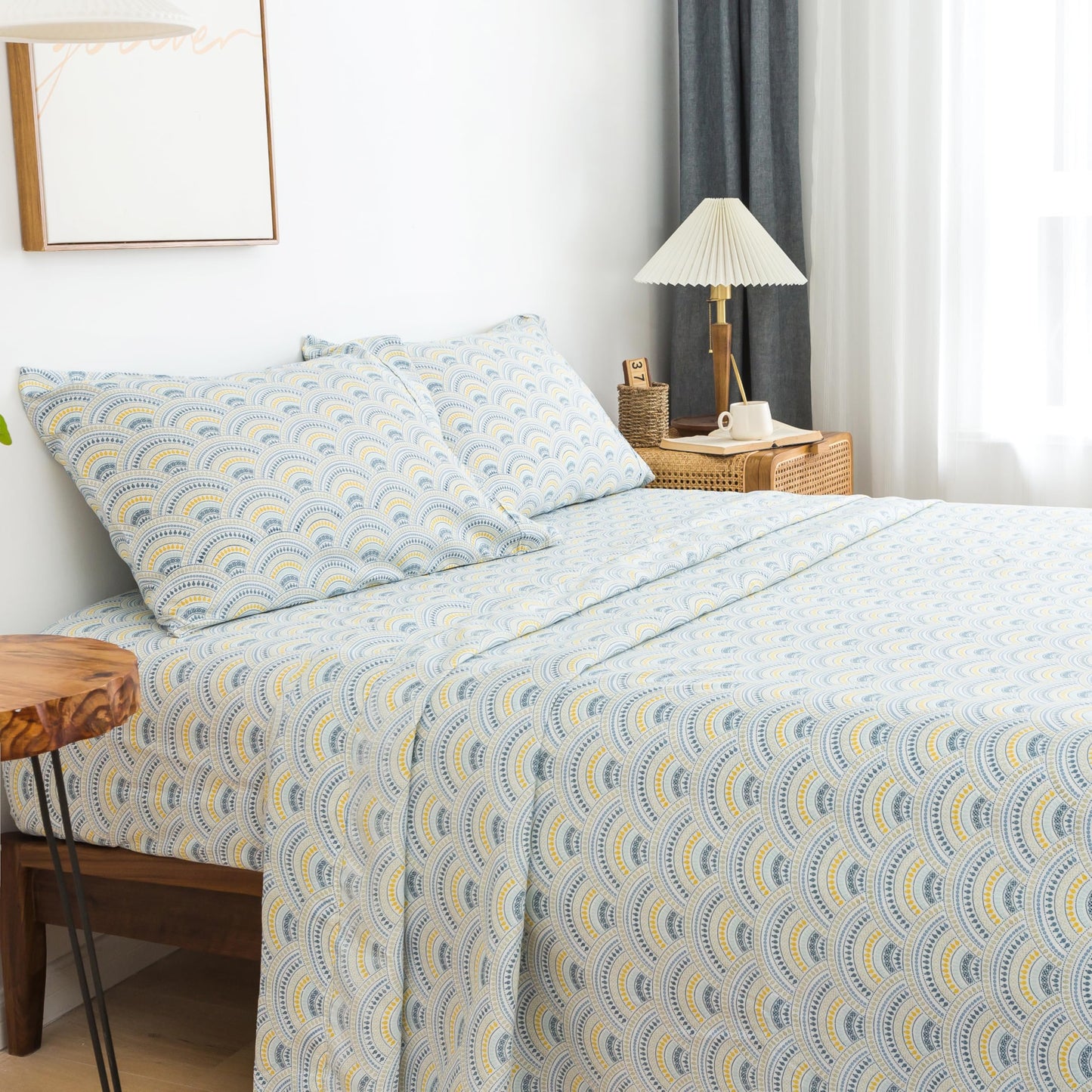 KACEMOO Queen Bed Sheet Set, 4PC Boho Sheets Queen Pattern Blue Floral Bed Sheet Cooling Soft 17”Deep Pocket Microfiber Brushed Sheet, Easy Care, Breathable, Wrinkle Free, Machine Washable Bed Set