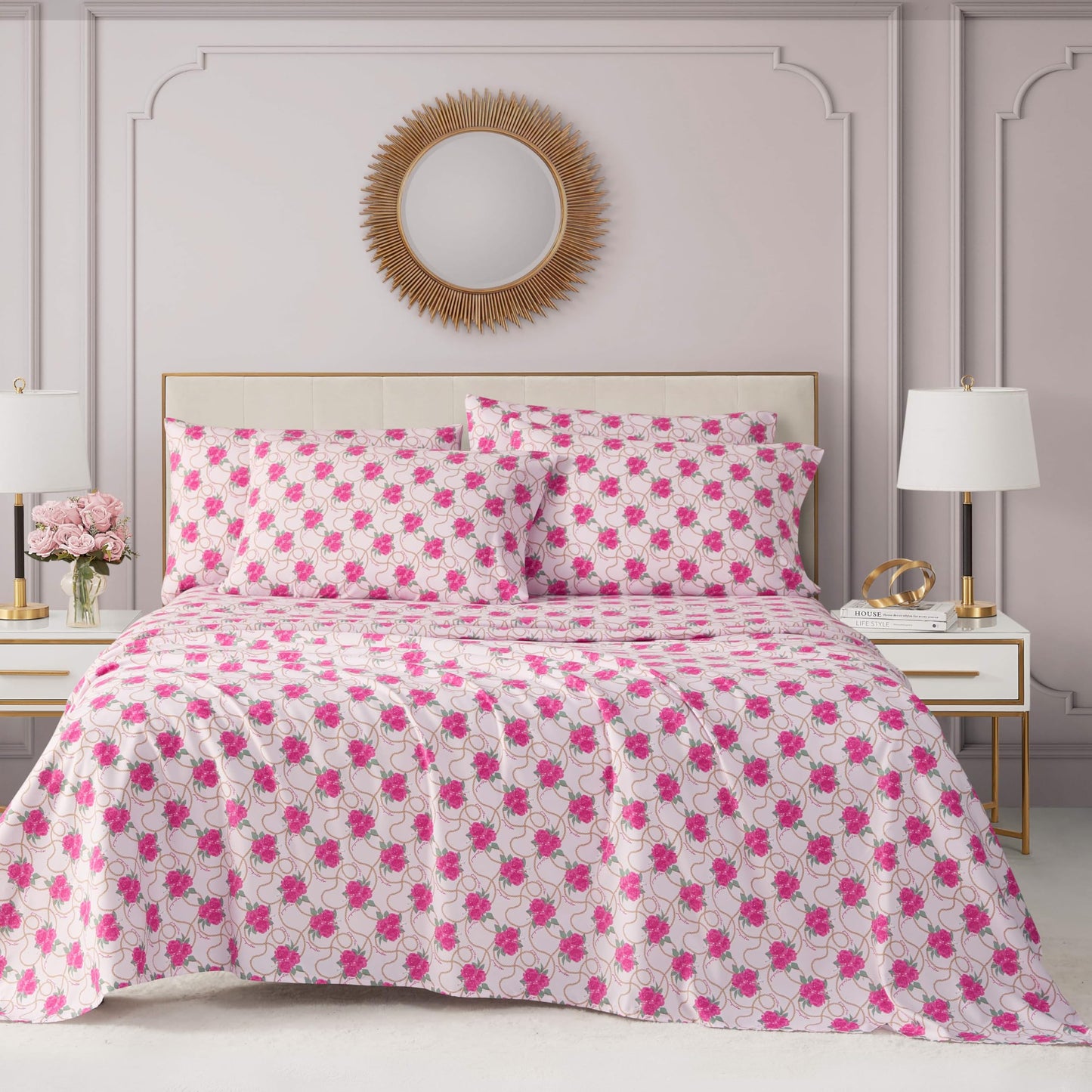 Juicy Couture Printed Microfiber 4-Piece Twin Sheet Set, Bianca Chain Floral Pink