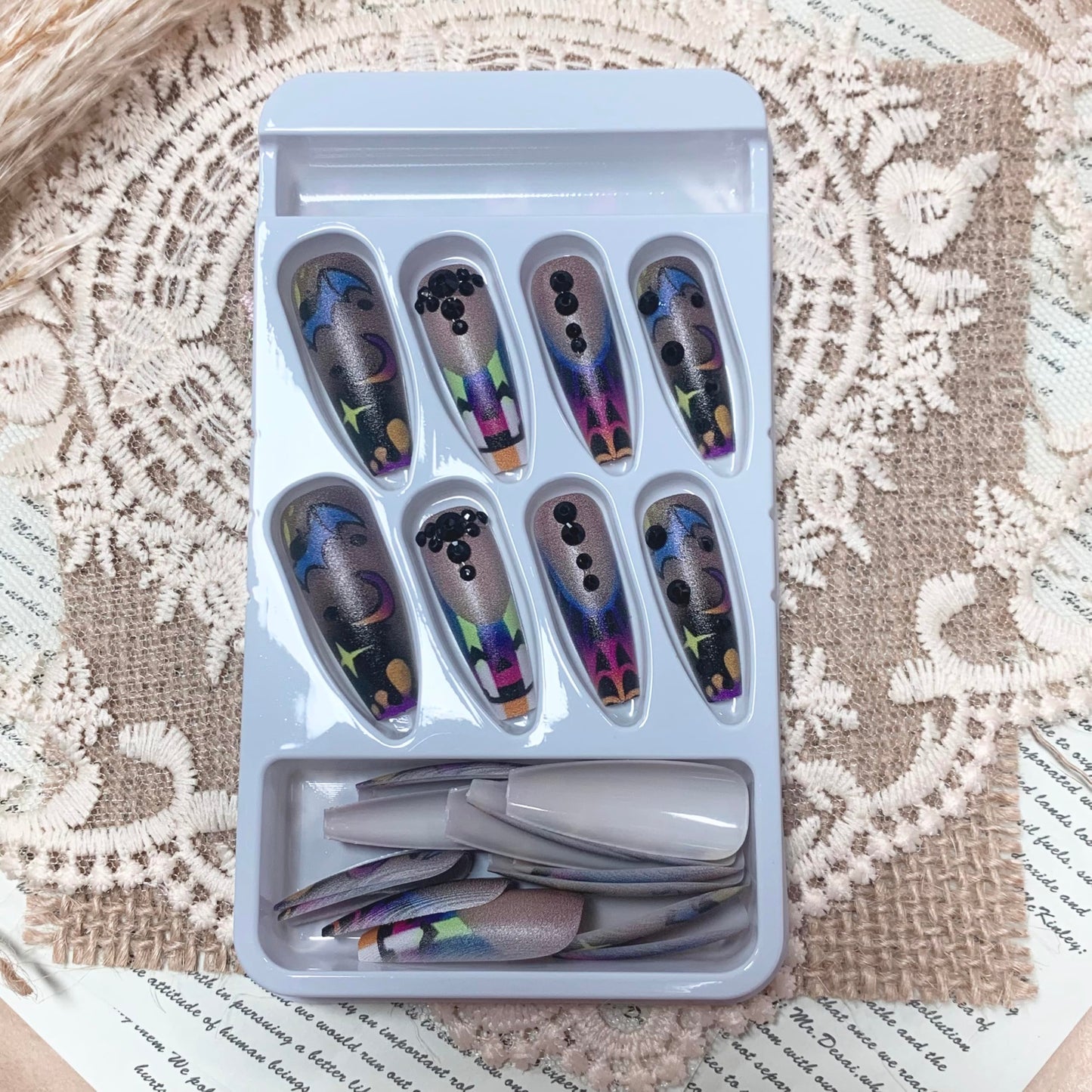 BABALAL Long Coffin Press on Nails Black Goth Glue on French Tip Pumpkin & Bat Halloween Design Spider Web Supplies Art 24Pcs Manicure Stick on Acrylic False Nails