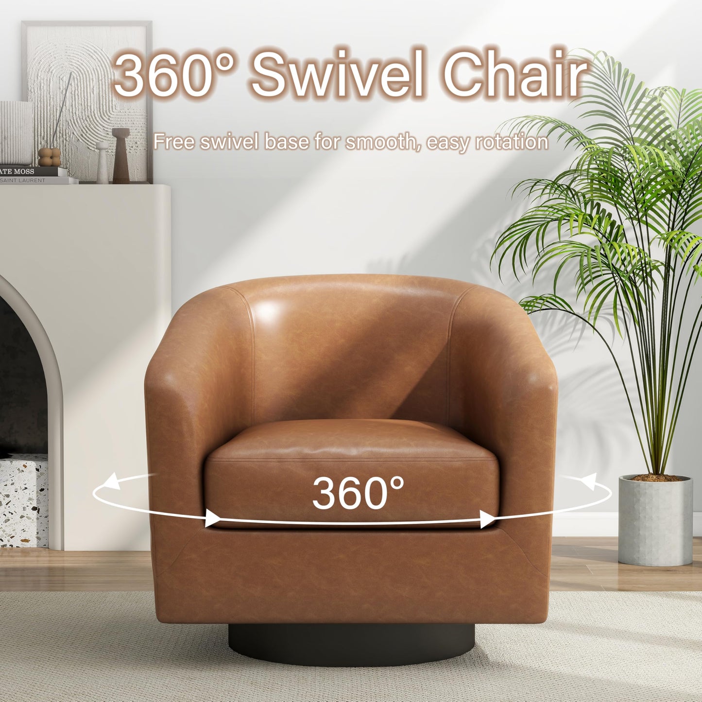 Pia Ricco Swivel Accent Chairs Set of 2, Faux Leather 360° Swivel Round Barrel Chair, Comfy Upholstered Fabric Single Sofa Club Armchair for Living Room/Reading Room, Brown