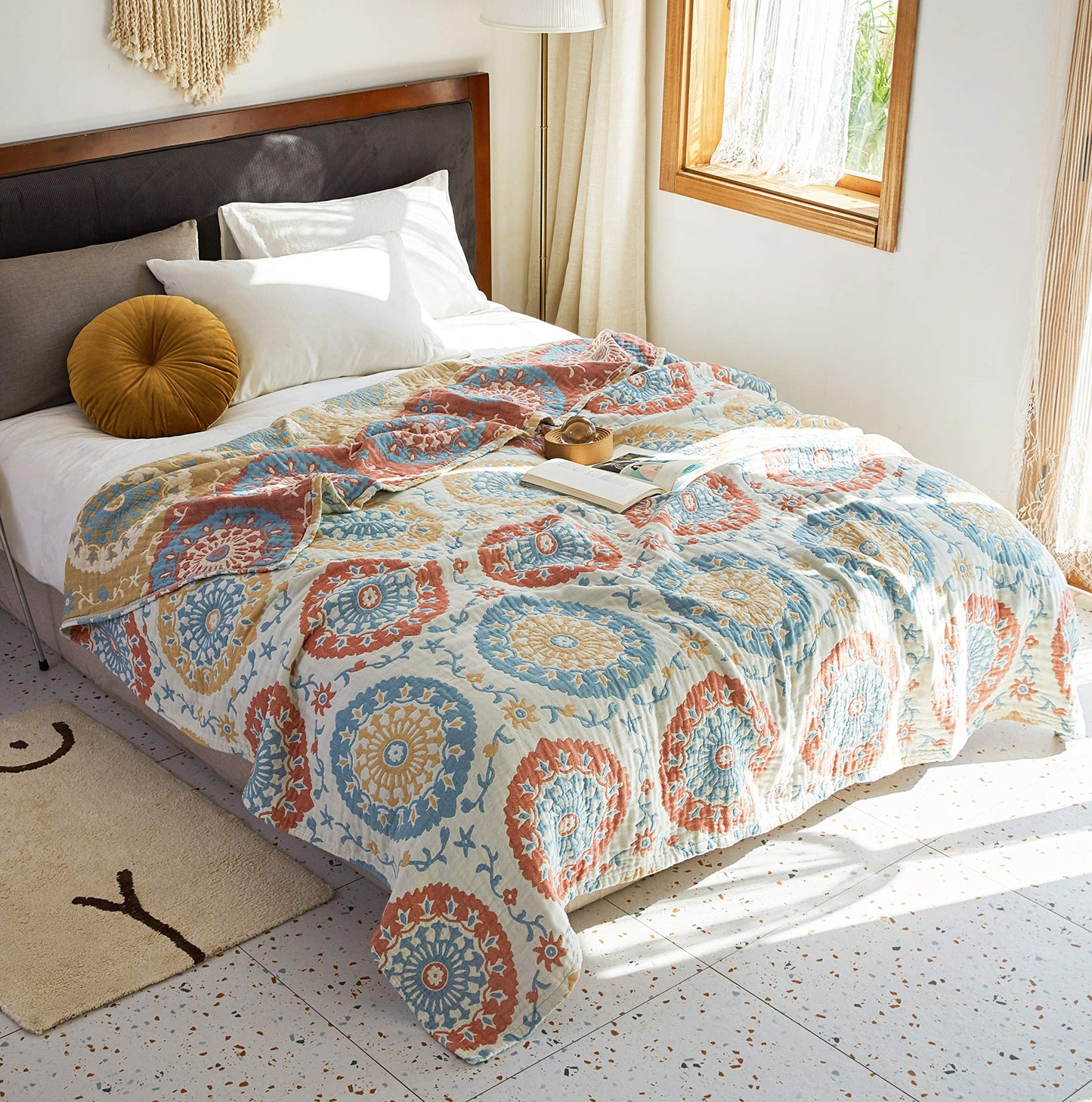 Scientific Sleep Boho Round Retro Farmhouse 100% Cotton Muslin Blanket Throw Cover for Bed Couch Sofa Cozy Soft Reversible Bedding Blanket Bedspread Coverlet Full Queen 80 in x 90 in