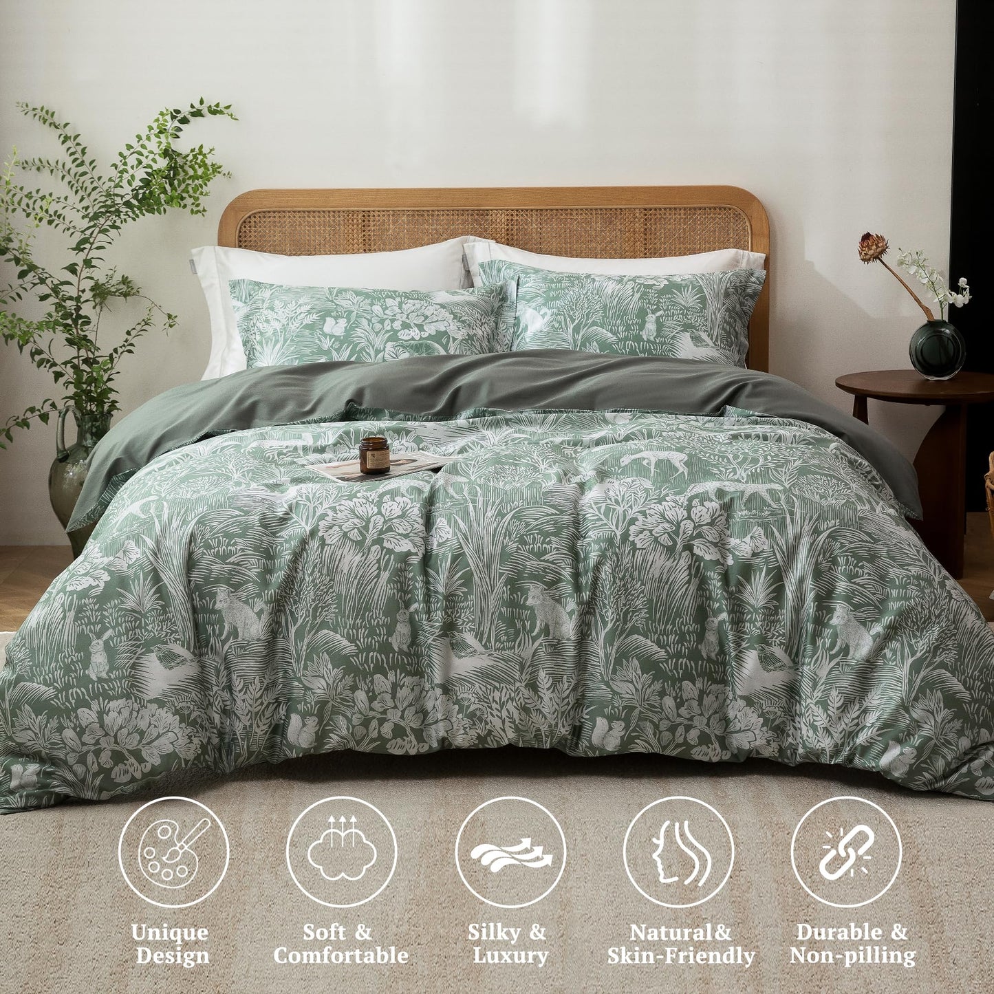 MILDLY Queen Size Duvet Cover Set 100% Long-Staple Cotton Luxury Green Floral Patten Reversible Comforter Cover Set 3Pcs