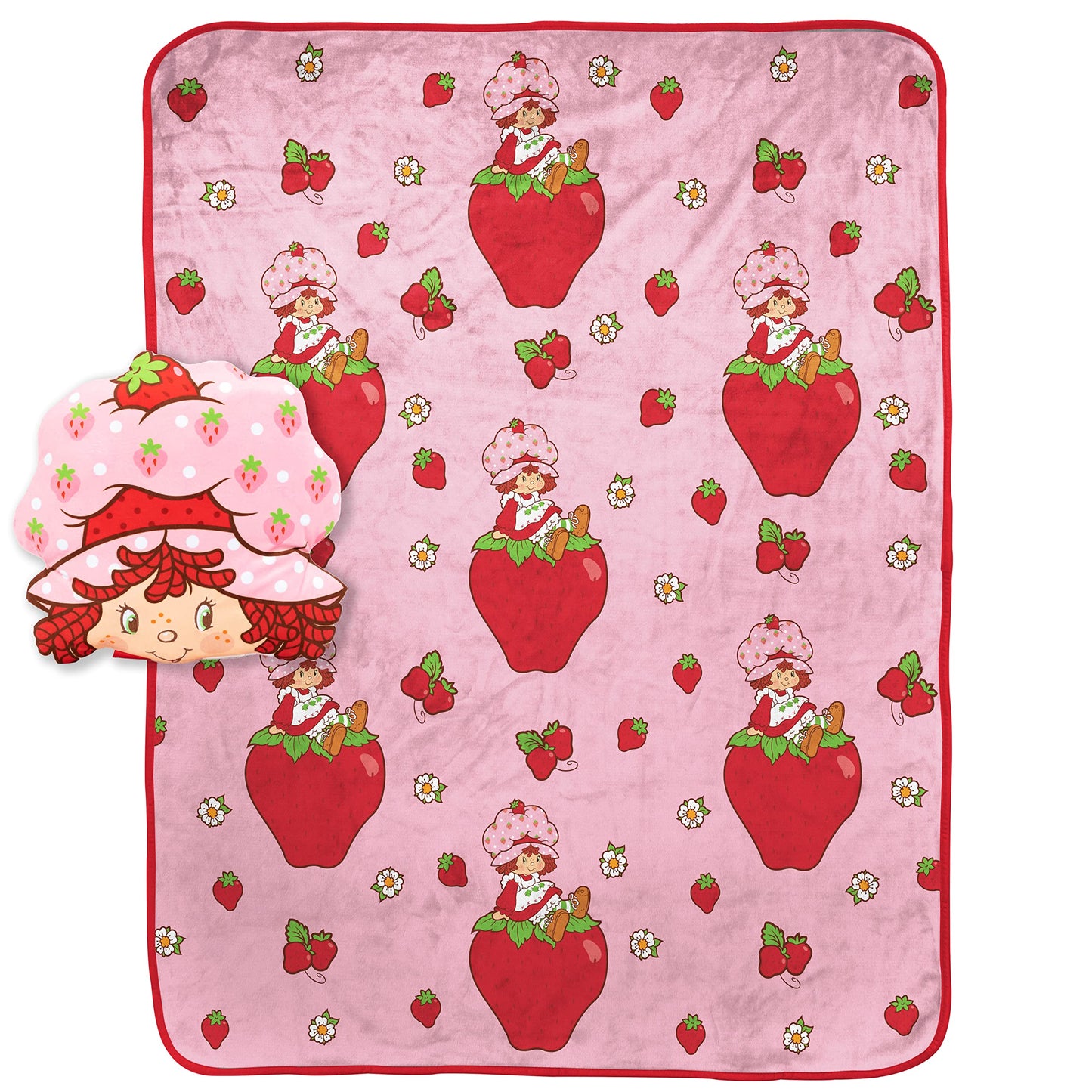 Jay Franco Strawberry Shortcake Fleece Blanket and Pillow Set, 40 x 50 Inch, Kids Super Soft Cozy 2 Piece Travel Set, Machine Washable, Fade Resistant, Non-Toxic, Gift for Kids (Official Product)