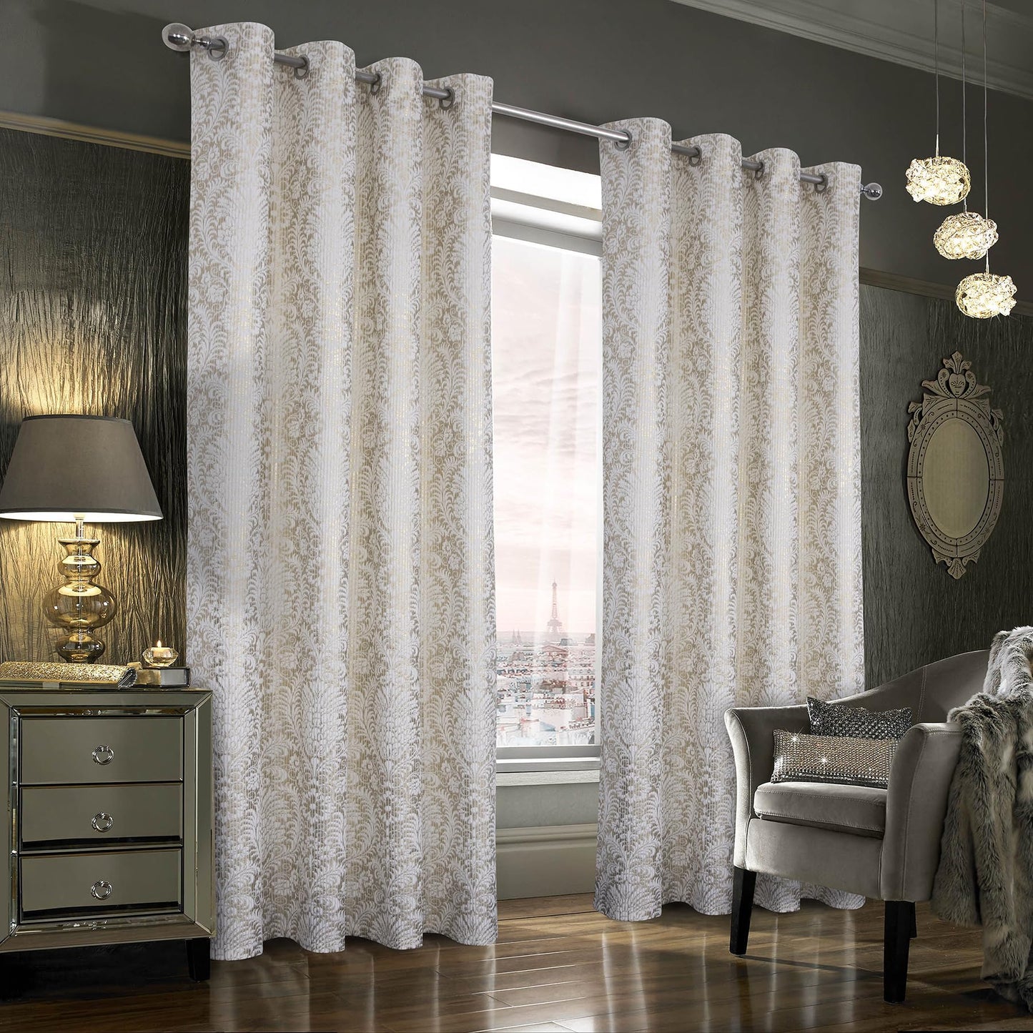always4u 100% Blackout Damask Foil Print White and Gold Ridged Velvet Curtains 84 Inches Long Drapes 2 Panels Shiny Metallic Window 54 * 84 Inches
