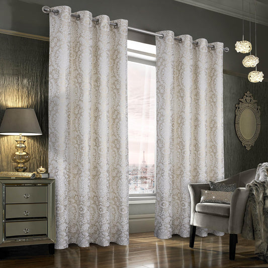 always4u 100% Blackout Damask Foil Print White and Gold Ridged Velvet Curtains 84 Inches Long Drapes 2 Panels Shiny Metallic Window 54 * 84 Inches
