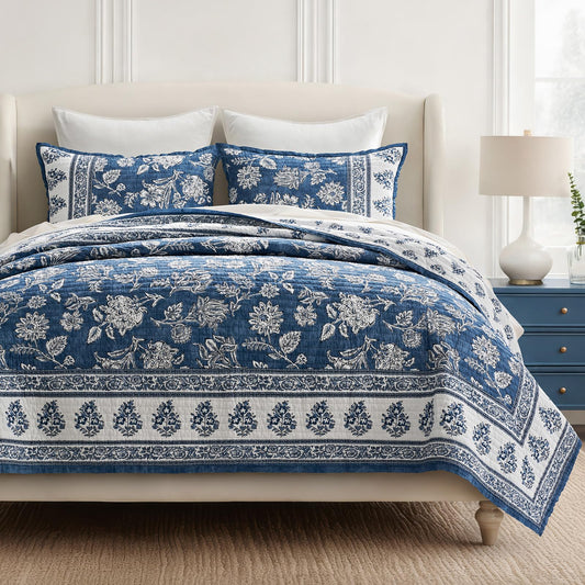 EverGrace Cotton Quilt Set King Size, 100% Cotton Reversible Lightweight Bedspread Coverlet, Vintage Floral Farmhouse Bedding, Traditional Block Print Quilt with 2 Pillow Shams, Indigo Blue 108"×96"