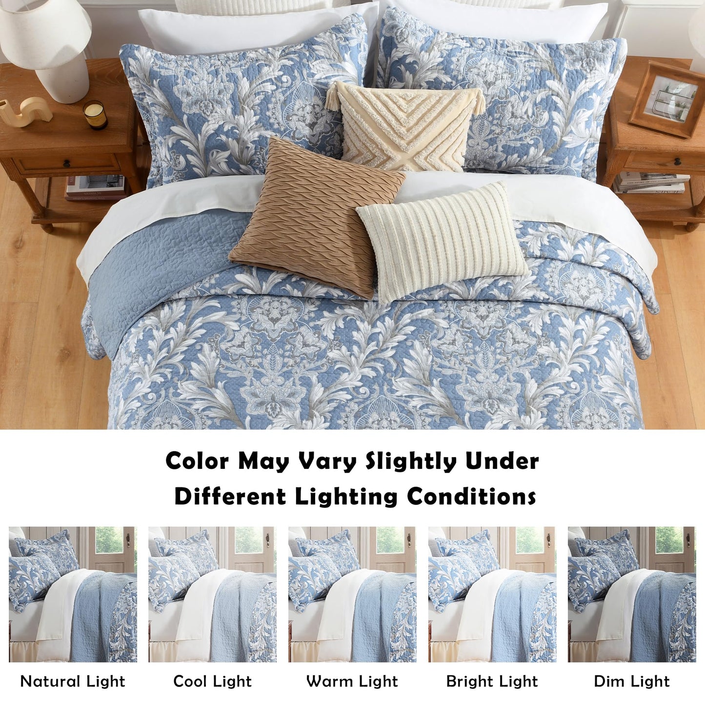 BCOTTOND King Size Quilt Set - Dusty Blue and Gray Quilt Set King, 100% Cotton Floral Bedspread Set 3 Piece, Classic Damask Bedspread, Reversible Lightweight Quilt Bedding Set