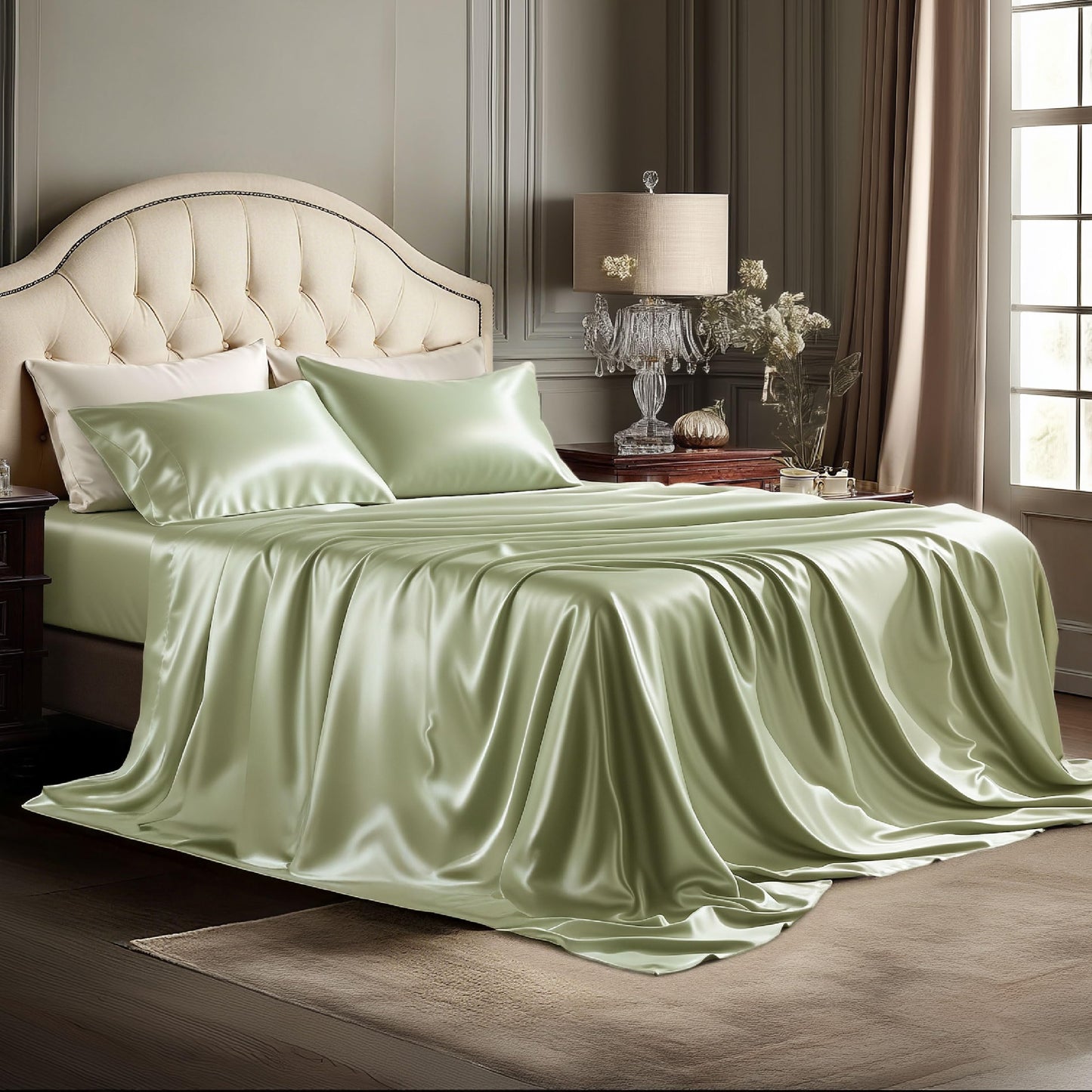Bedsure Satin Sheets Full Size - 4 Piece Silky Bedsheets with 15 Inches Deep Pocket Fitted Bedsheet,1 Flat Sheet, 2 Satin Pillowcases, Good for Hair & Skin (Full, Light Green)