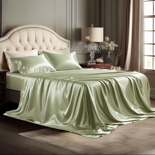 Bedsure Satin Sheets Full Size - 4 Piece Silky Bedsheets with 15 Inches Deep Pocket Fitted Bedsheet,1 Flat Sheet, 2 Satin Pillowcases, Good for Hair & Skin (Full, Light Green)