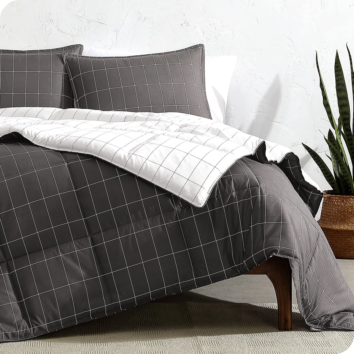 Bare Home Bed-in-A-Bag 7 Piece Comforter & Sheet Set - Queen - Goose Down Alternative - Ultra-Soft 1800 Premium Bedding Set (Queen, Grid - Grey/White Comforter Set, White Sheet Set)