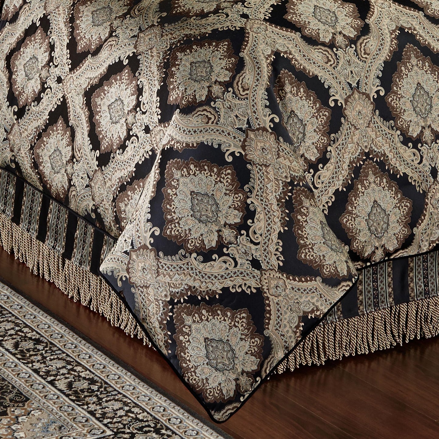 Fenmore Damask Medallion Oversized Luxury Bedding | Rich Black Taupe Silver Gray Wheat Almond | 4 Piece Comforter Set: Queen Comforter, 2 Standard Shams, and Bedskirt | Sophisticated Elegant Royal